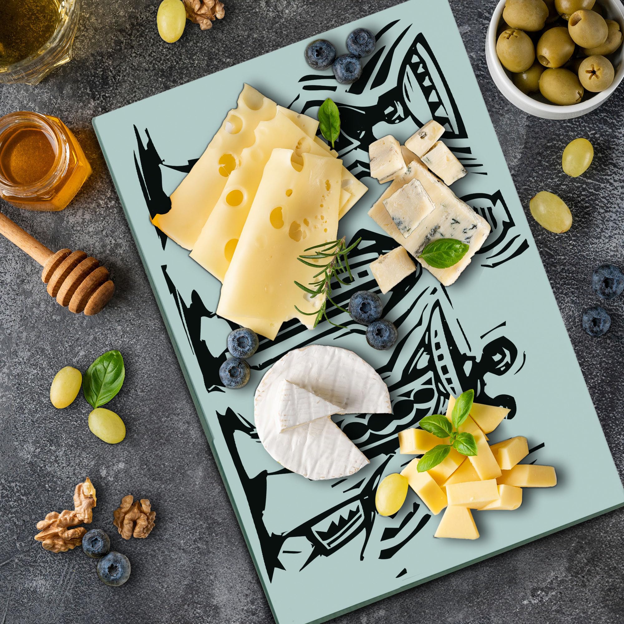 Lunarable Ethnic Cutting Board - Traditional Baskets & Pots Design Tempered Glass Serving Board - Large Black & White Kitchen Accessory for Entertaining & Food Presentation
