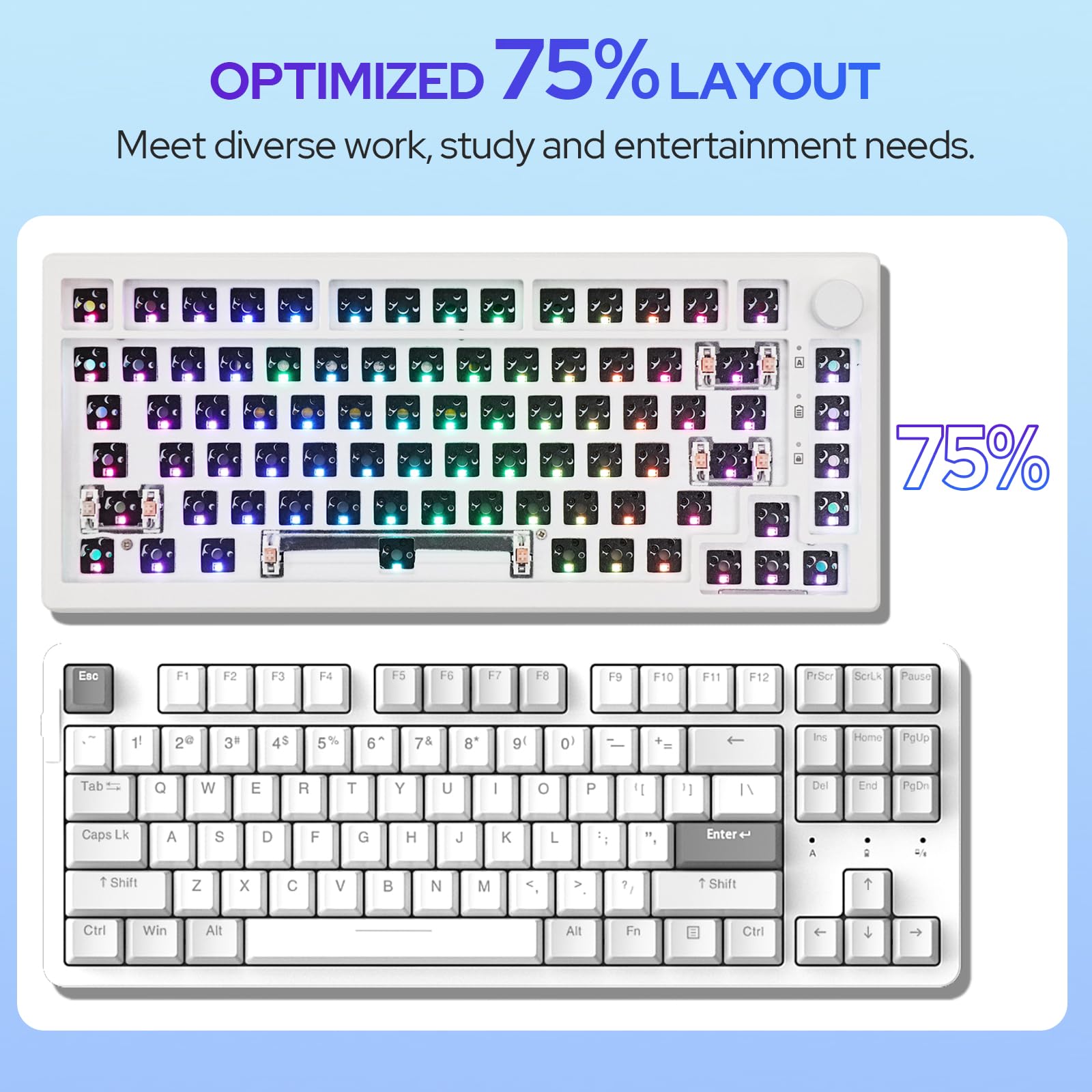 EPOMAKER Aura75 75% Hot Swappable Mechanical Keyboard Kit - Wireless 2.4Ghz/Bluetooth 5.0/USB-C Wired Custom Gaming Keyboard with RGB Backlight, Silicone Pad for Windows & Mac - Perfect for Typing, Gaming & Office Work (White)