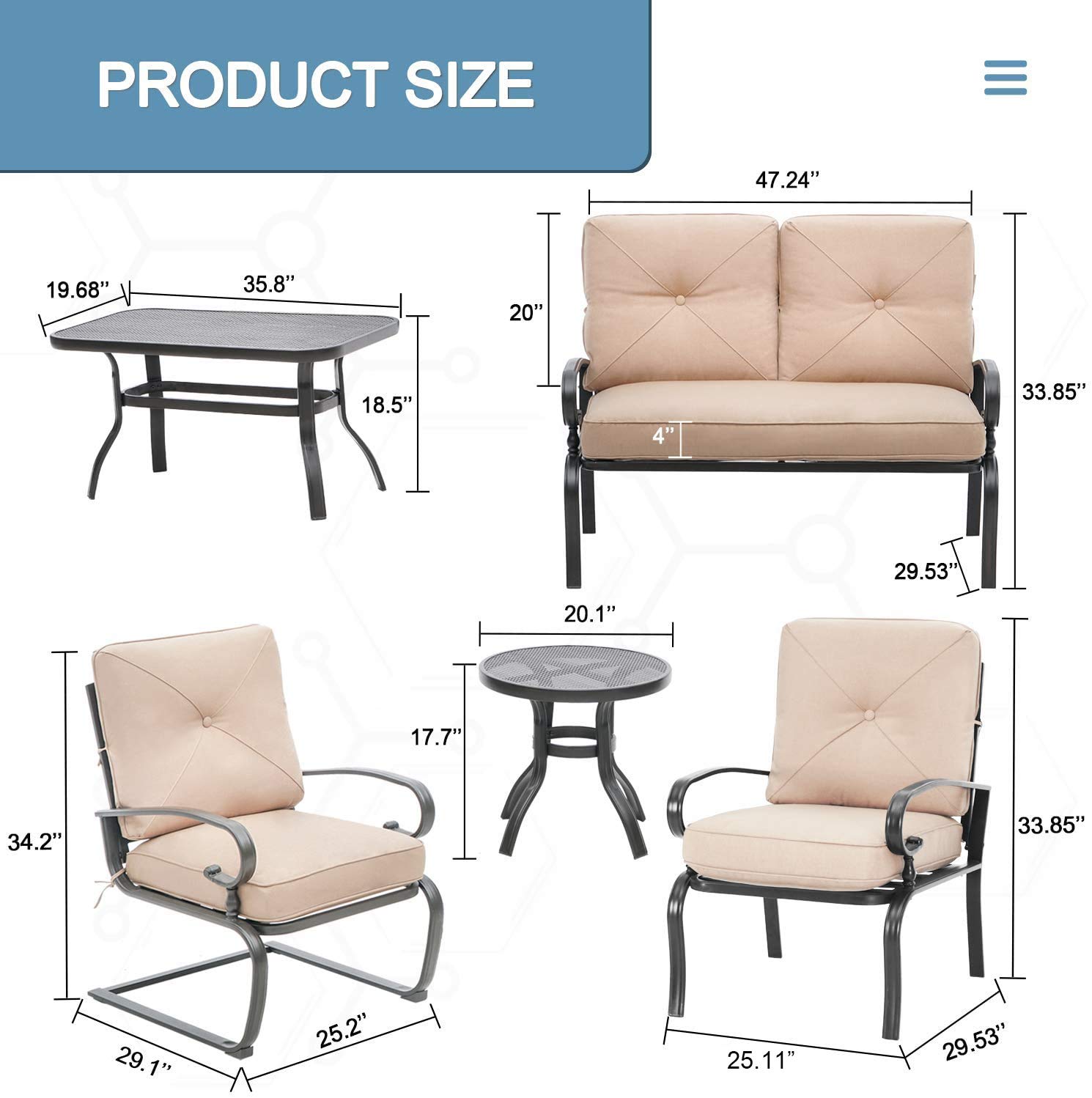 7-Piece Outdoor Metal Patio Furniture Set - Loveseat, 2 Dining Chairs, 2 Spring Chairs & 2 Coffee Tables with Brown Cushions - Perfect for Garden, Backyard, Poolside or Terrace Relaxation