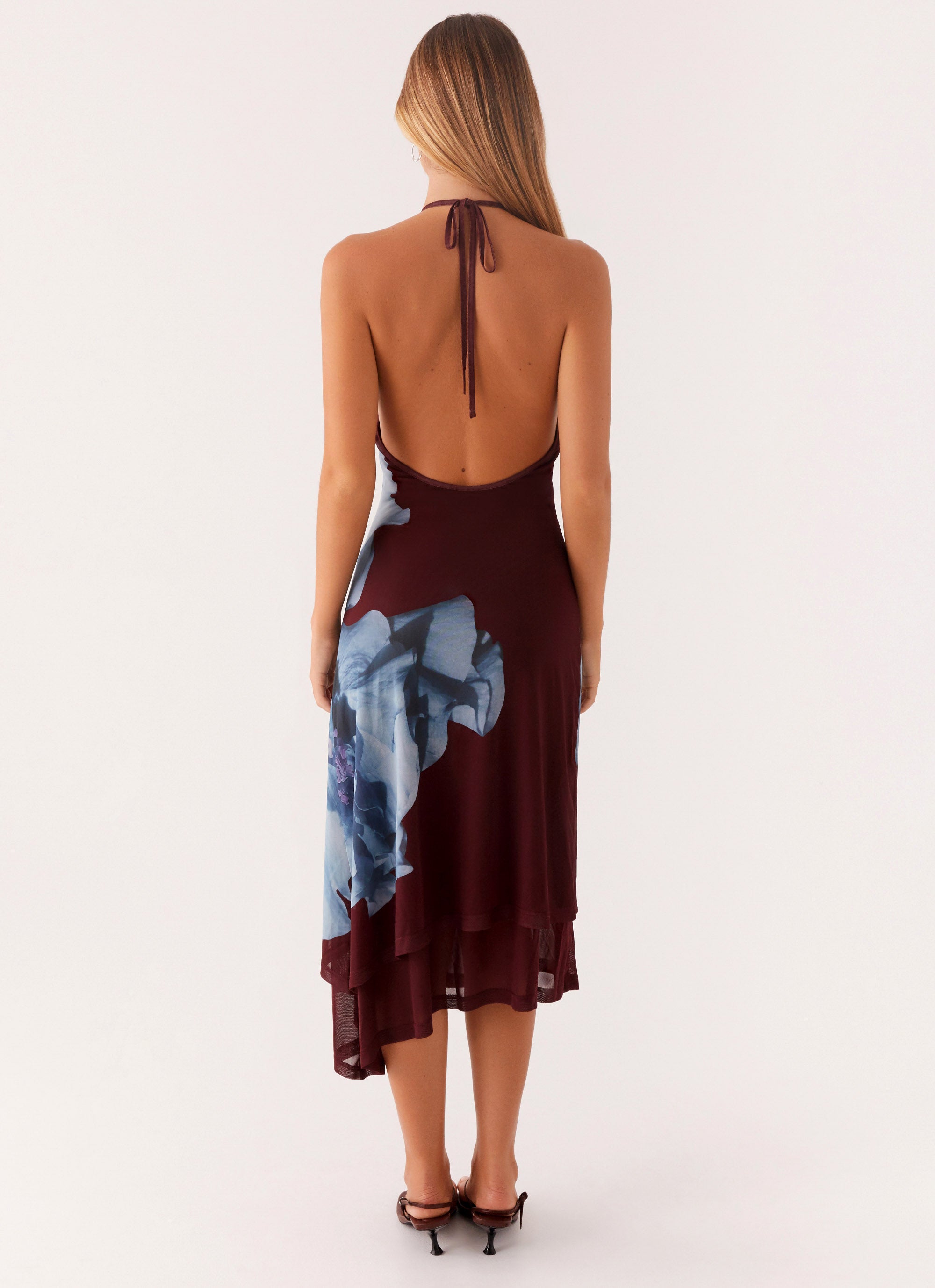 Brinley Halterneck Midi Dress - Floral Print Maroon Wrap Dress for Women, Summer Beach Wedding Party Outfit