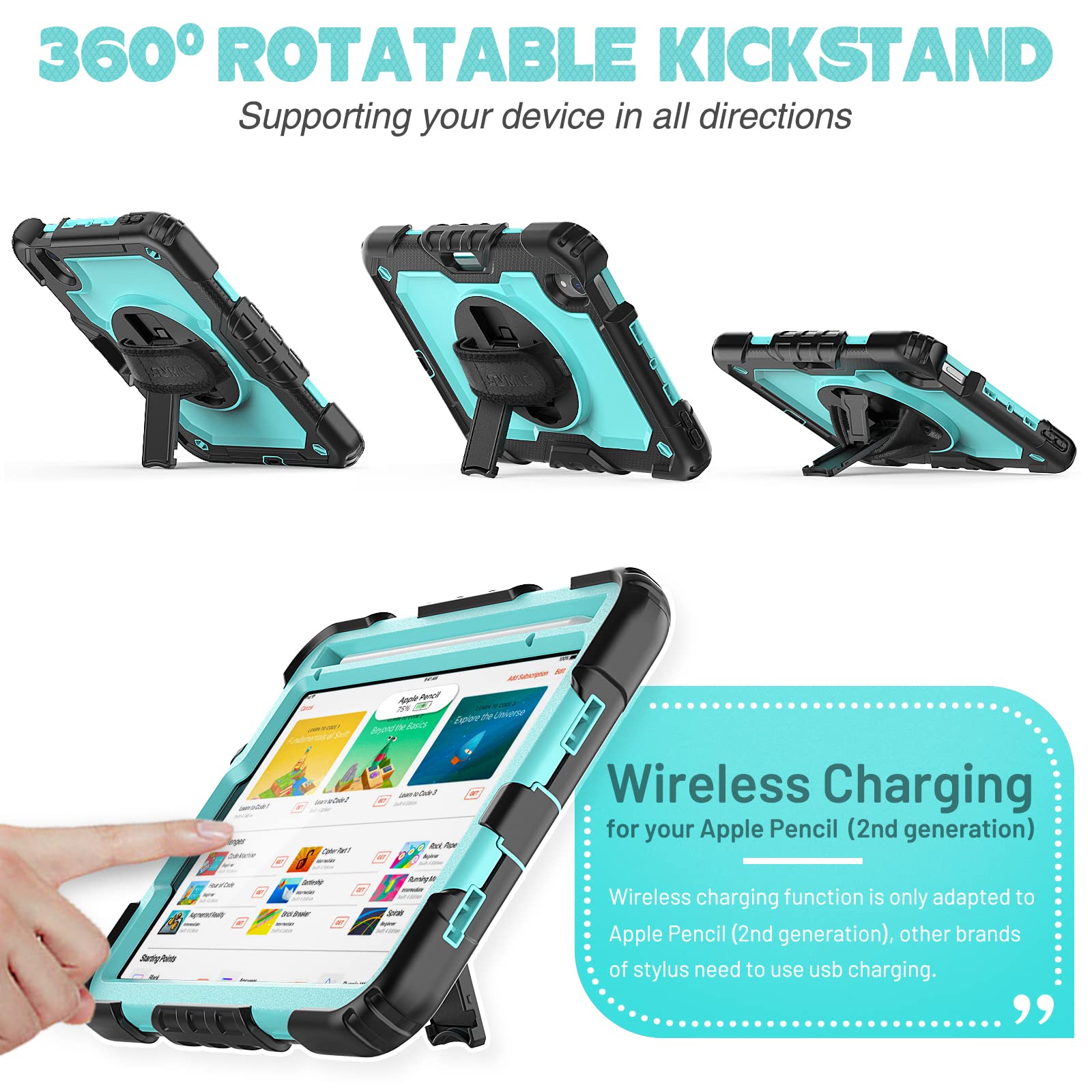 SEYMAC 360 Rotating Stand Case with Hand Strap & Pencil Holder for iPad Mini 7 (2024, A17 Pro) & iPad Mini 6 (8.3 Inch) - Shockproof Protective Cover with Screen Protector, Sky Blue & Black - Perfect for Work, Travel, and Creative Drawing