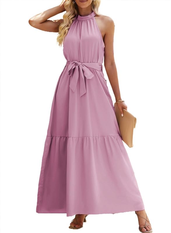 Dokotoo Women's Floral Bohemian Maxi Dress with Belt - Elegant Halter Neck Summer Wedding Guest & Bridesmaid Dress for Beach Parties & Outdoor Events