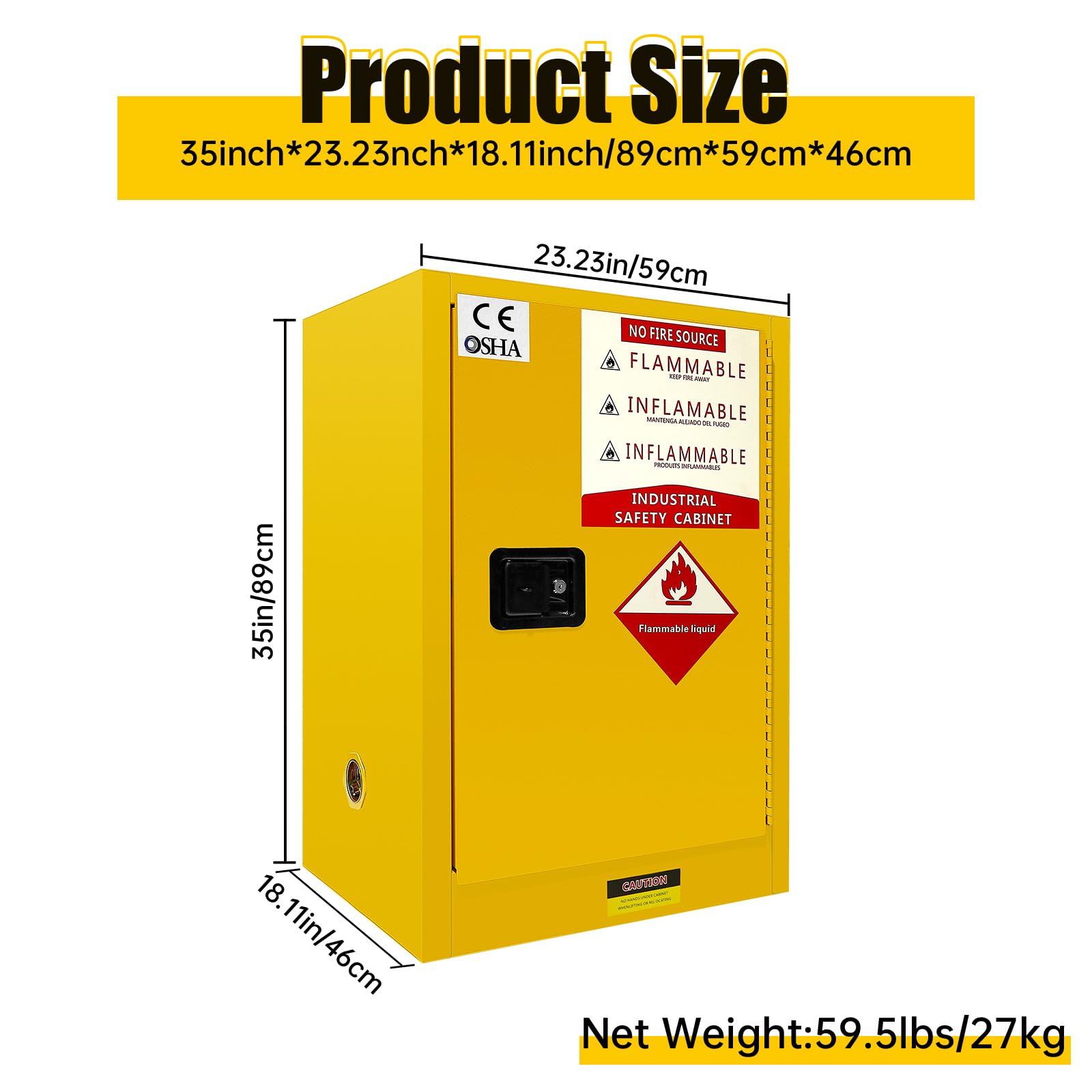 Flammable Safety Cabinet - 23.23x18.11x35.5 Inch Yellow Galvanized Steel Storage Cabinet with Adjustable Shelves for Chemicals, Paint & Hazardous Materials | Garage, Workshop & Laboratory Use