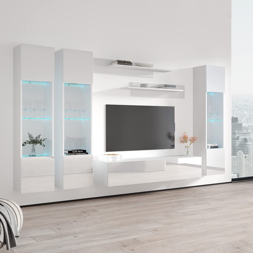 Modern White Wall-Mounted TV Stand with Storage Shelves & LED Lights - Floating Entertainment Center Console for Bedroom & Living Room - Perfect for Small Spaces & Home Theater Setups - Meble Furniture Fly CD3 30TV Stand