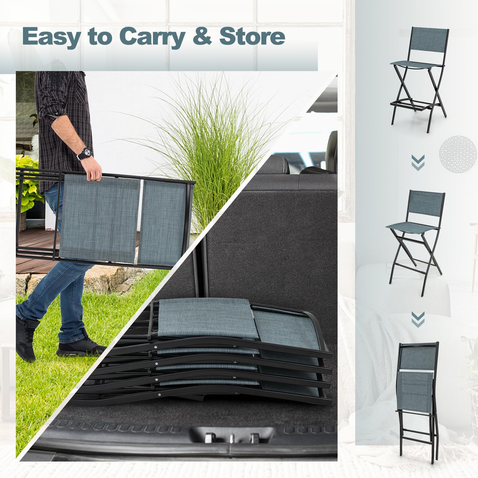 Giantex Set of 2 Folding Outdoor Bar Chairs - Counter Height Patio Stools with Backrest & Footrest, All-Weather Metal Frame for Porch, Deck, Garden - Light Blue | Perfect for Backyard BBQs, Poolside Lounging & Outdoor Entertaining