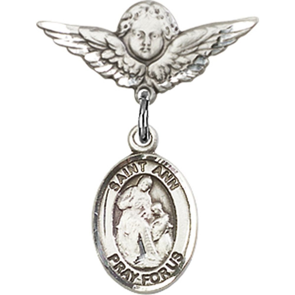 St. Ann Charm & Angel Wing Sterling Silver Baby Badge Pin - 7/8