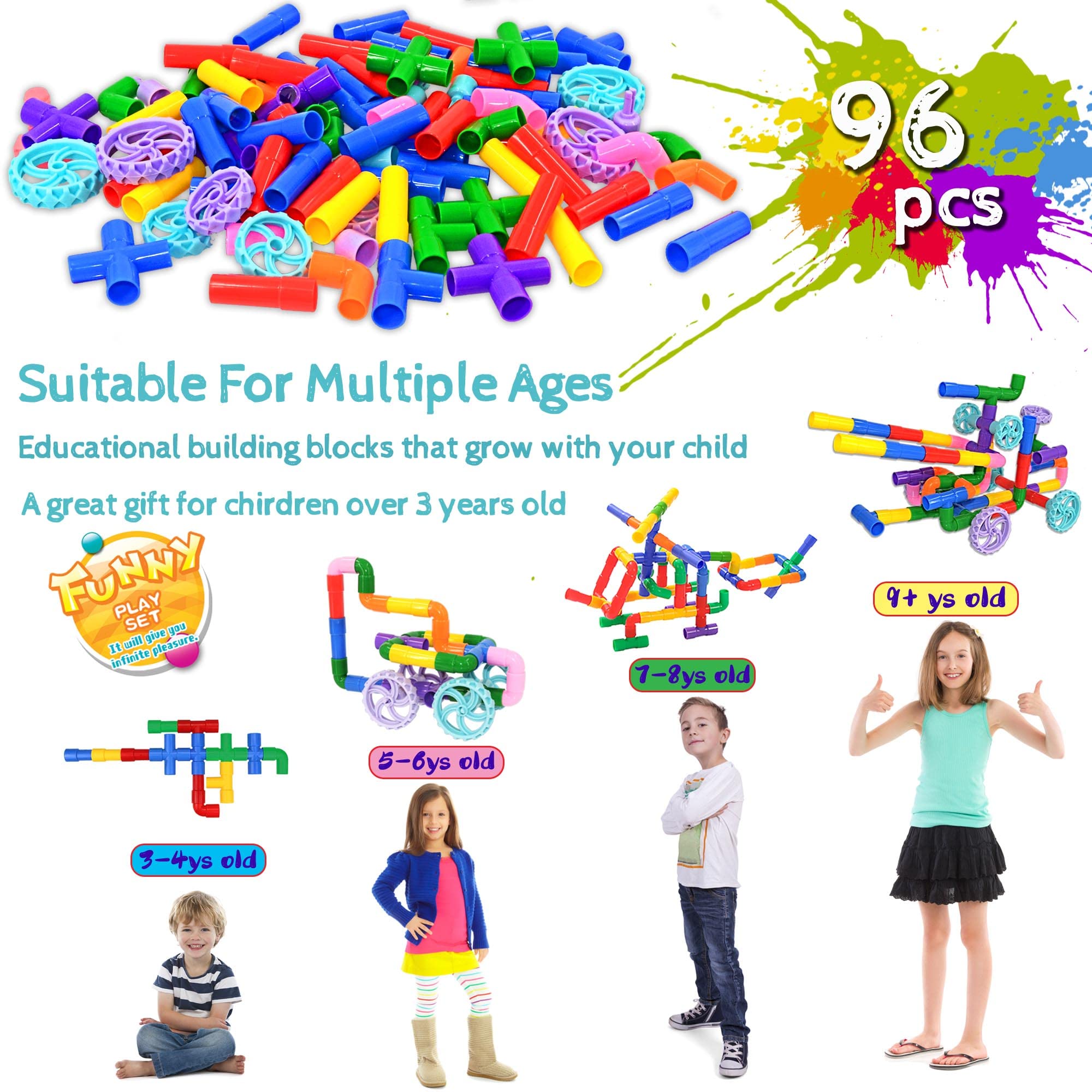 FUBAODA 96 Pcs STEM Pipe Tube Building Toys Set - Educational Construction Blocks with Wheels, Spouts & Joints for Kids Ages 3+ | Creative Learning, Preschool Classroom & Birthday Gift Idea