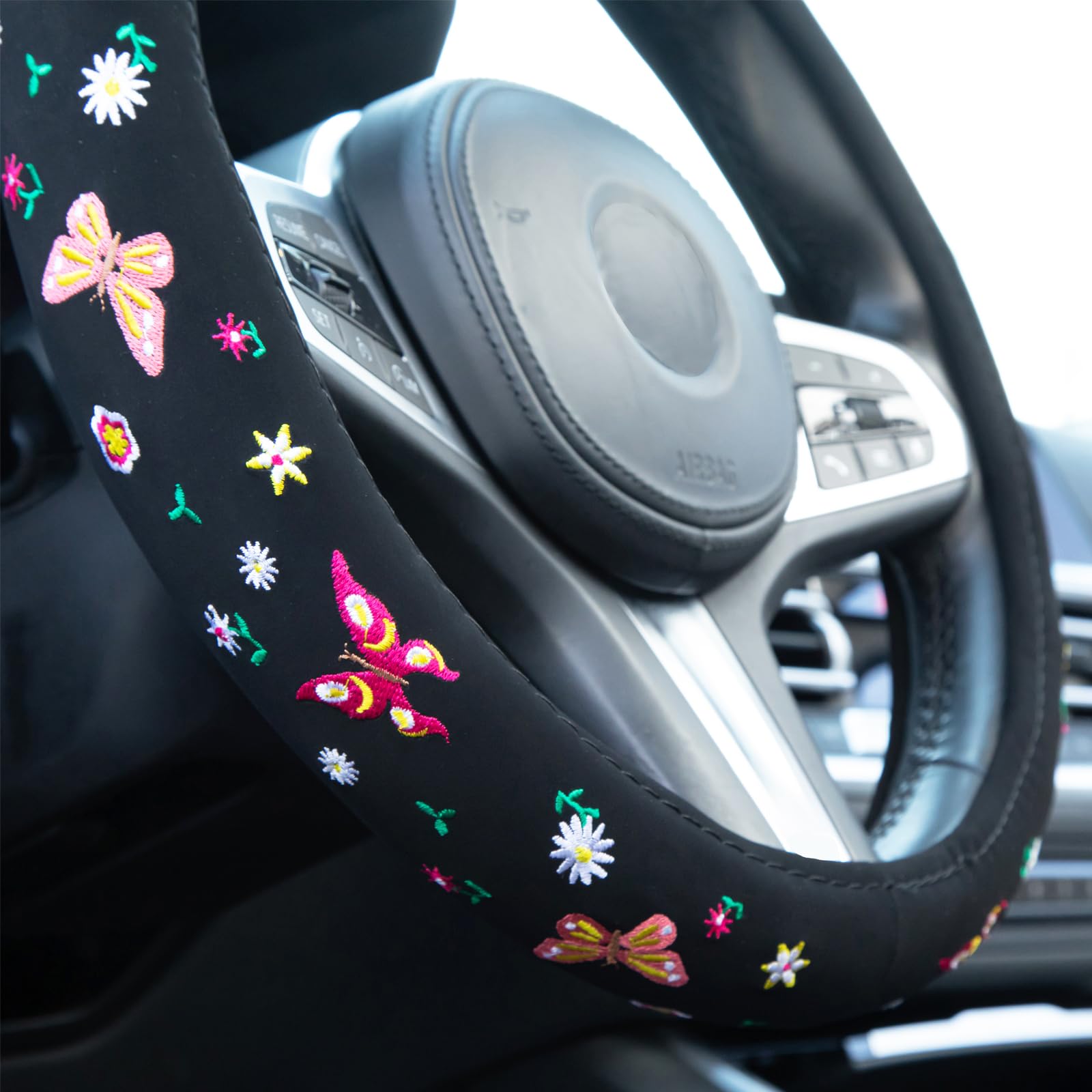 Embroidered Butterfly Daisy Black Steering Wheel Cover - Anti-Slip Breathable Car Steering Wheel Protector for Women, Universal 15 Inch Fit Most Vehicles | Perfect for Daily Commute & Road Trips
