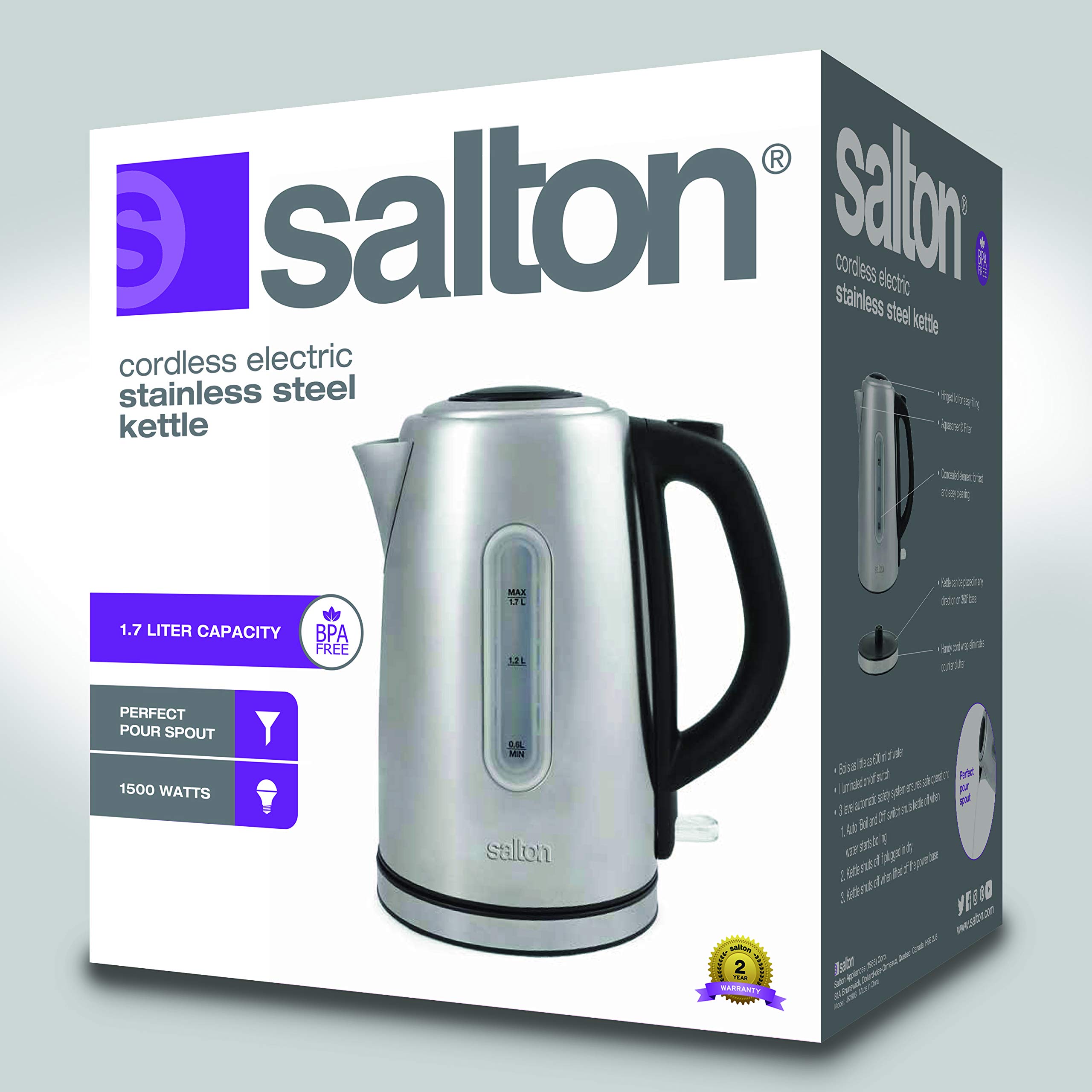 Salton Cordless Electric Kettle 1.7L - Stainless Steel Water Boiler & Tea Heater with Auto Shut-Off, Boil-Dry Protection & Water Level Window - 1500W Fast Heating for Home, Office & Travel (JK1903)