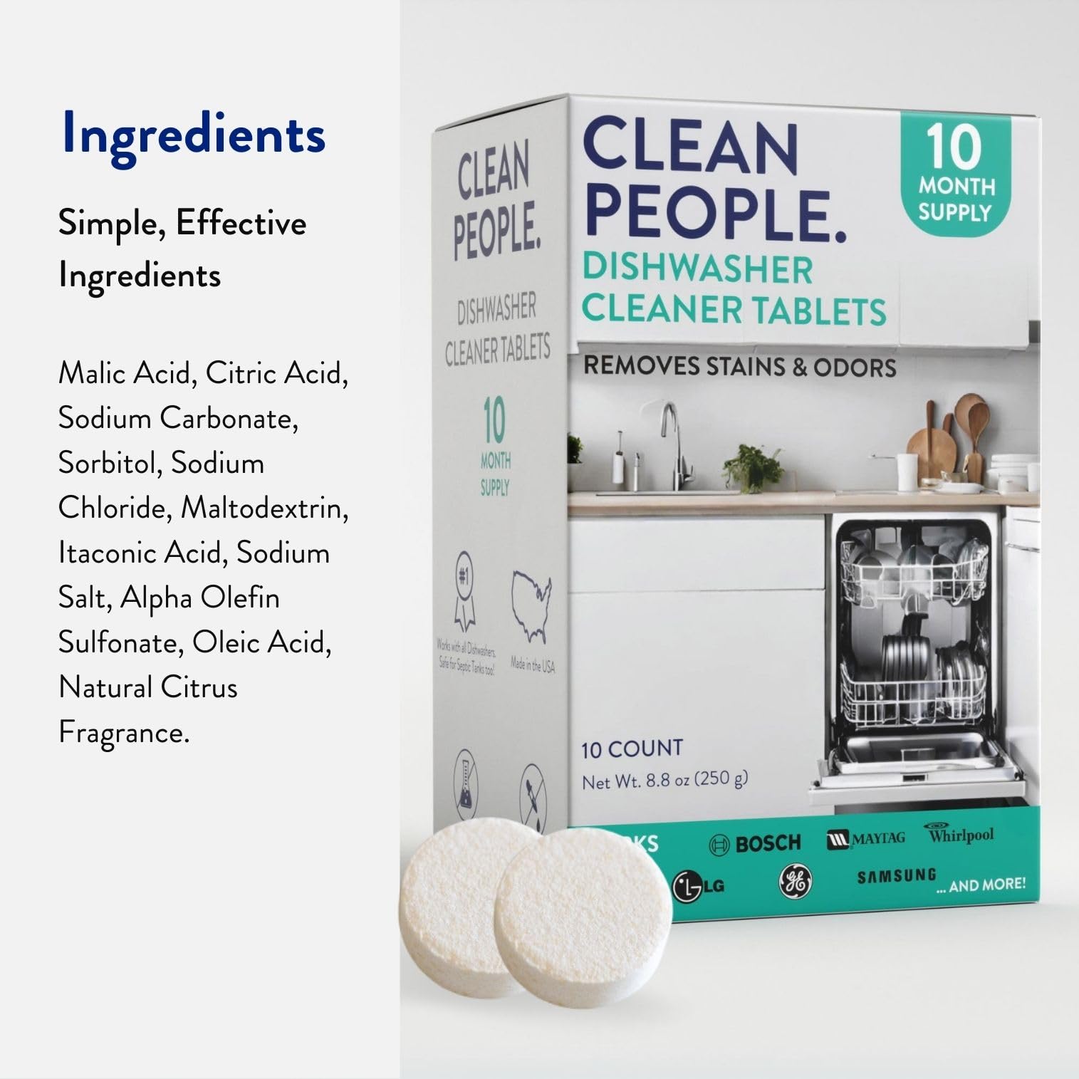 The Clean People Dishwasher Cleaner Tablets - Remove Limescale, Mineral Buildup, Grease & Odors - 10 Count Citrus Scent - Deep Clean & Deodorize for Sparkling Dishes & Fresh-Smelling Dishwasher