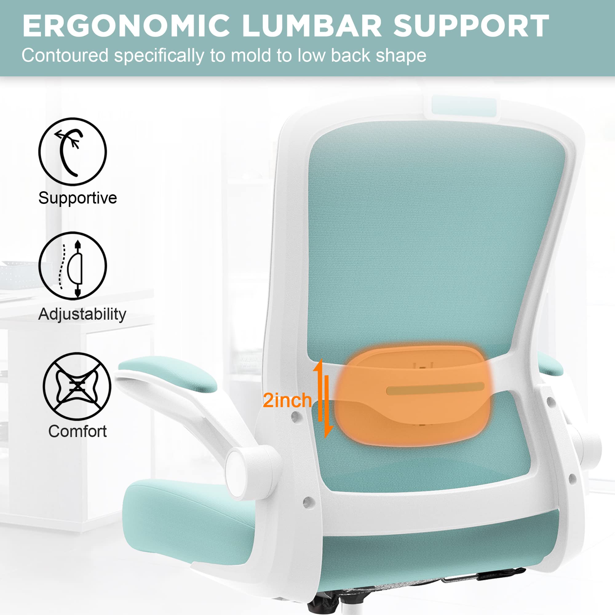 Ergonomic Office Chair with Adjustable Lumbar Support & Headrest - High Back Computer Desk Chair for Home Office, Flip-Up Armrests for Guitar Playing, Comfortable Task Chair for Long Hours Working | Perfect for Home Office, Gaming & Music Practice
