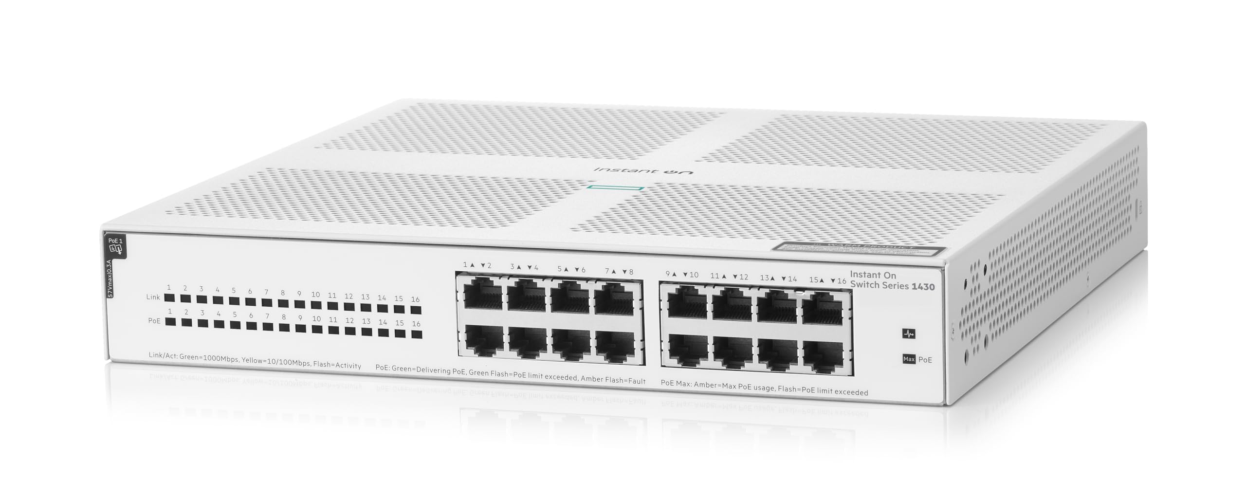 HPE Networking Instant On 1430 16-Port Gigabit Unmanaged Layer 2 Ethernet Switch with PoE | 16x 1G Ports | 16x Class 4 PoE (124W) | Fanless Design | US Power Cord (R8R48A#ABA) - Ideal for Small Business Networks, Office Connectivity & Smart Home Device Powering