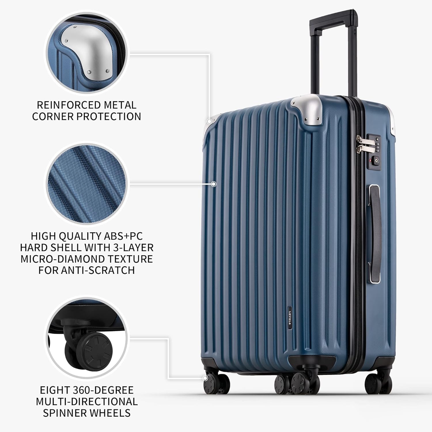 LEVEL8 Grace 3-Piece Hardshell Luggage Set with TSA Lock & Spinner Wheels (20/24/28 Inch) - Expandable Carry-On & Checked Suitcases for Travel, Blue | Perfect for Business Trips, Family Vacations & International Travel