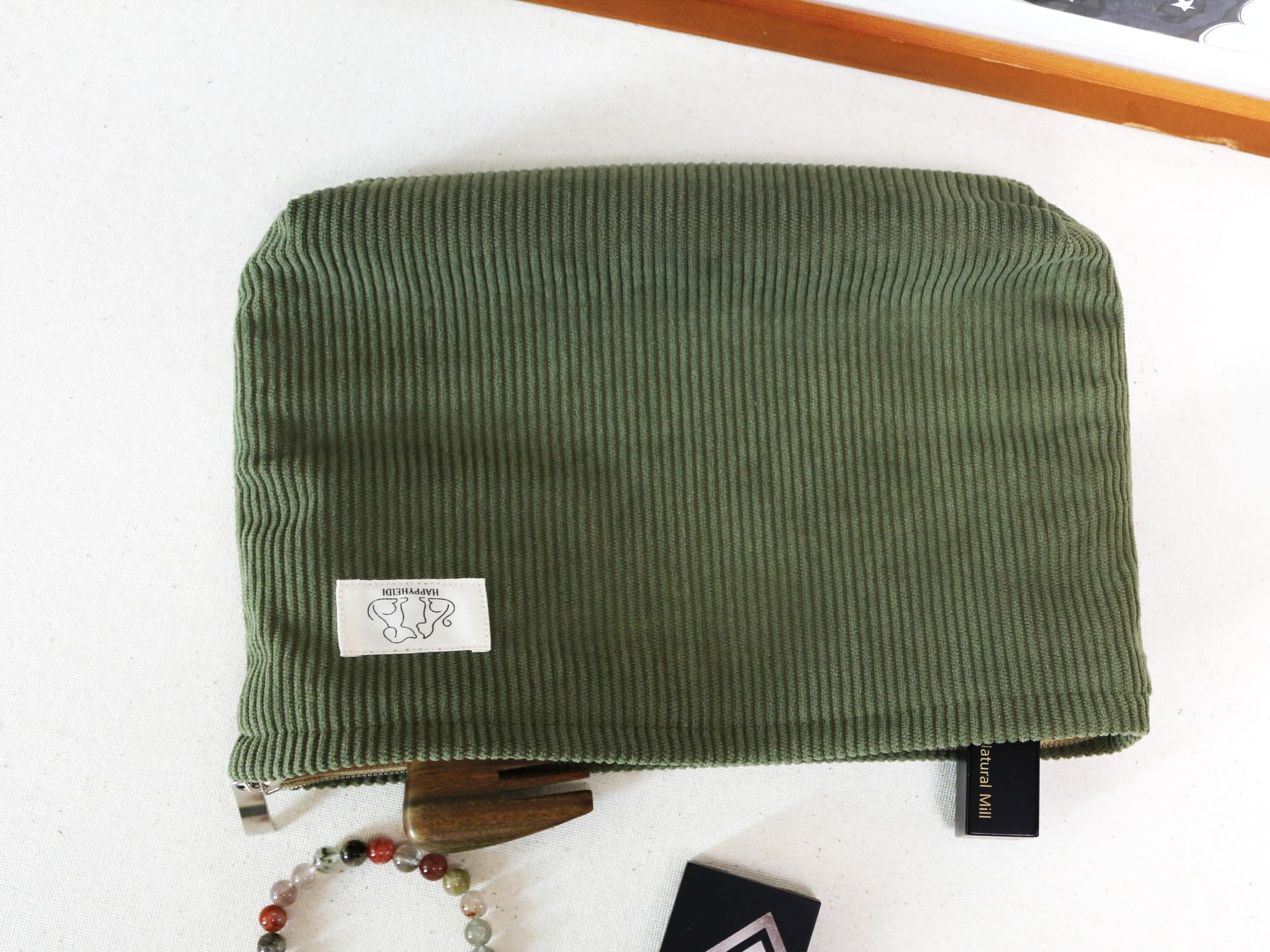 Navy Green Corduroy Makeup Bag for Women - Waterproof Cosmetic Toiletry Travel Pouch, Makeup Organizer with Canvas Lining - Perfect for Travel, Gym, and Daily Essentials Storage
