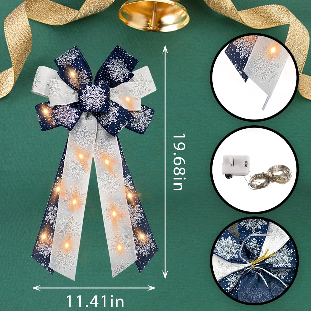 Large LED Christmas Bows for Wreaths - White Snow Burlap Bow with Battery Operated Lights - Perfect for Xmas Tree Topper, Front Door Decor, and Holiday Party Supplies - Ideal for Christmas, New Year, and Winter Celebrations