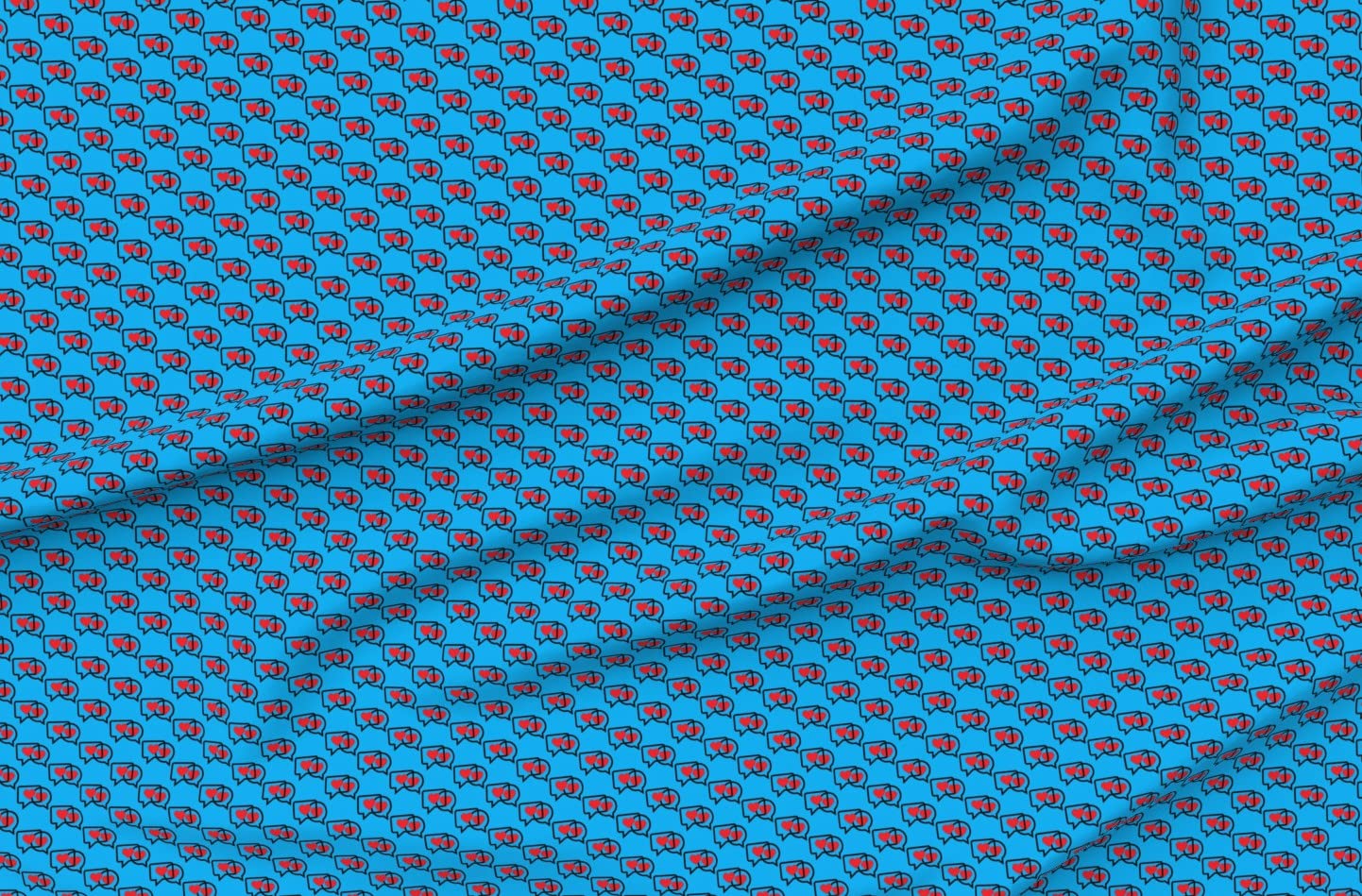 Organic Cotton Sateen Fabric by The Yard - Printed with Bright Blue & Red Message Bubbles, Conversation & Love Hearts Design - Perfect for Sewing, Quilting, Apparel & Home Decor Projects
