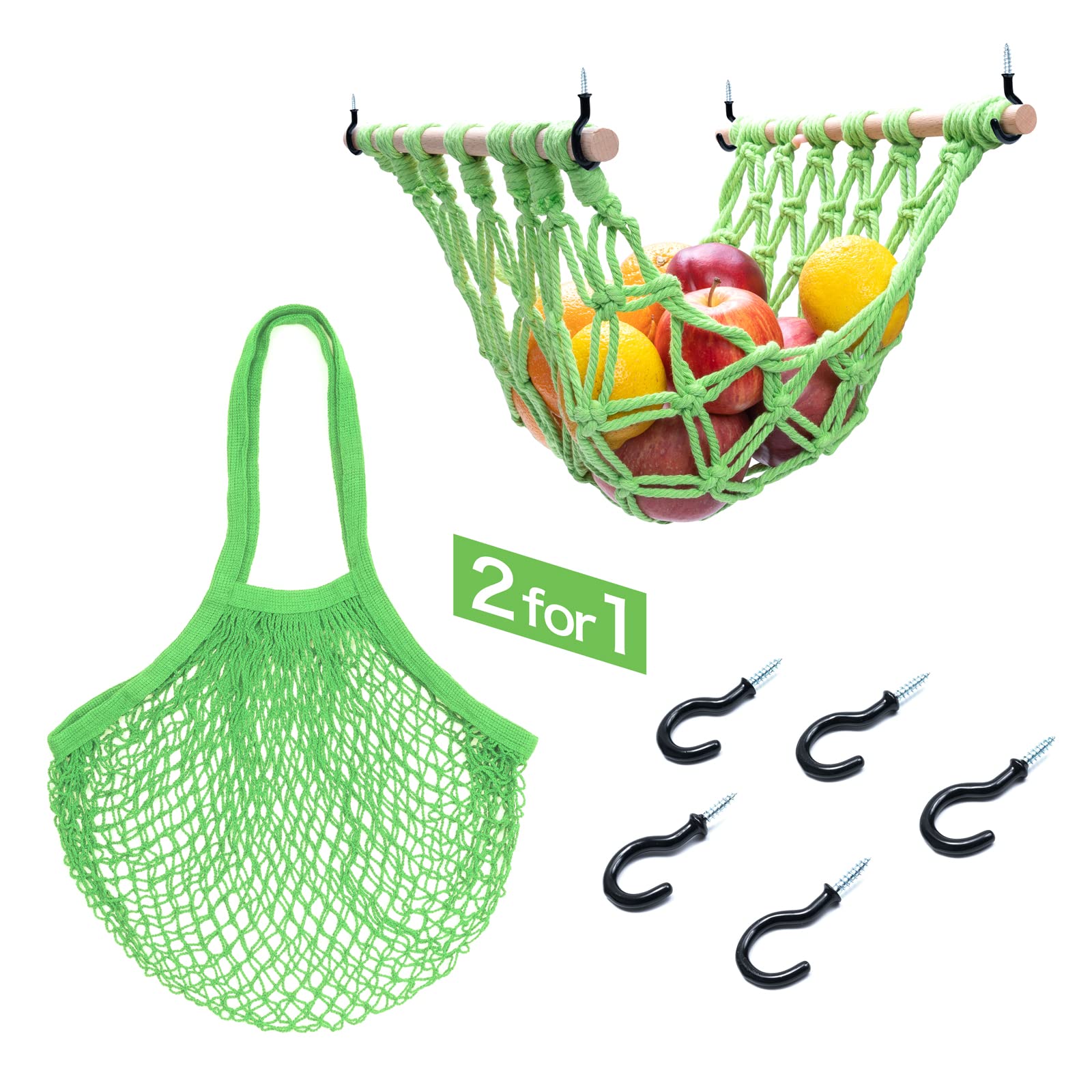 Premium Macrame Fruit Hammock for Kitchen - 2-in-1 Under Cabinet Hanging Basket & Mesh Storage Bag (Grass Green) - Perfect for Organizing Fruits, Vegetables, and Kitchen Essentials in Small Spaces