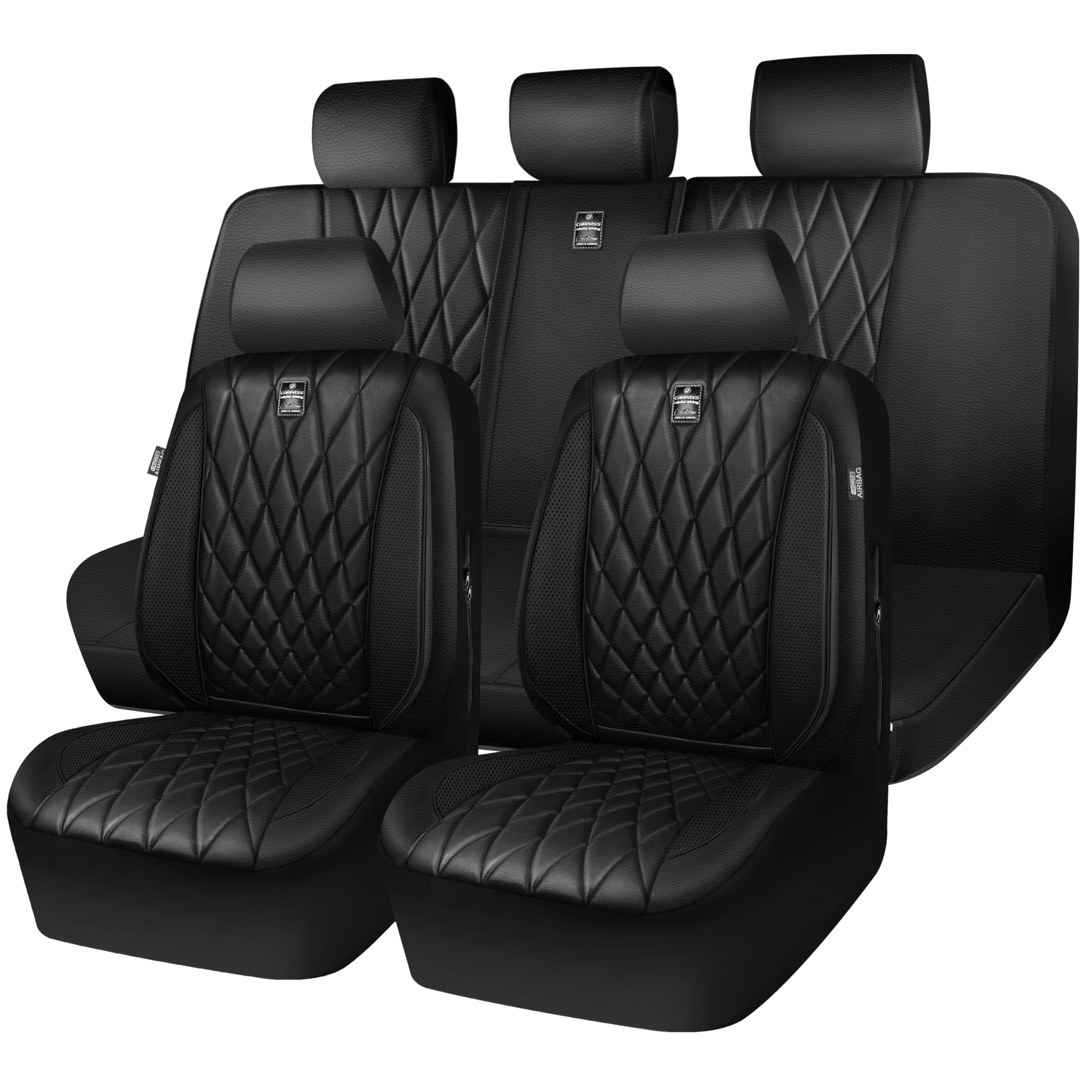 Premium 5-Seat Luxury Faux Leather Car Seat Covers Full Set - Anti-Slip, Waterproof, Universal Fit for SUVs, Vans & Trucks - Airbag Compatible with Front Armrest - Pure Black - Perfect for Road Trips, Daily Commute & Family Protection