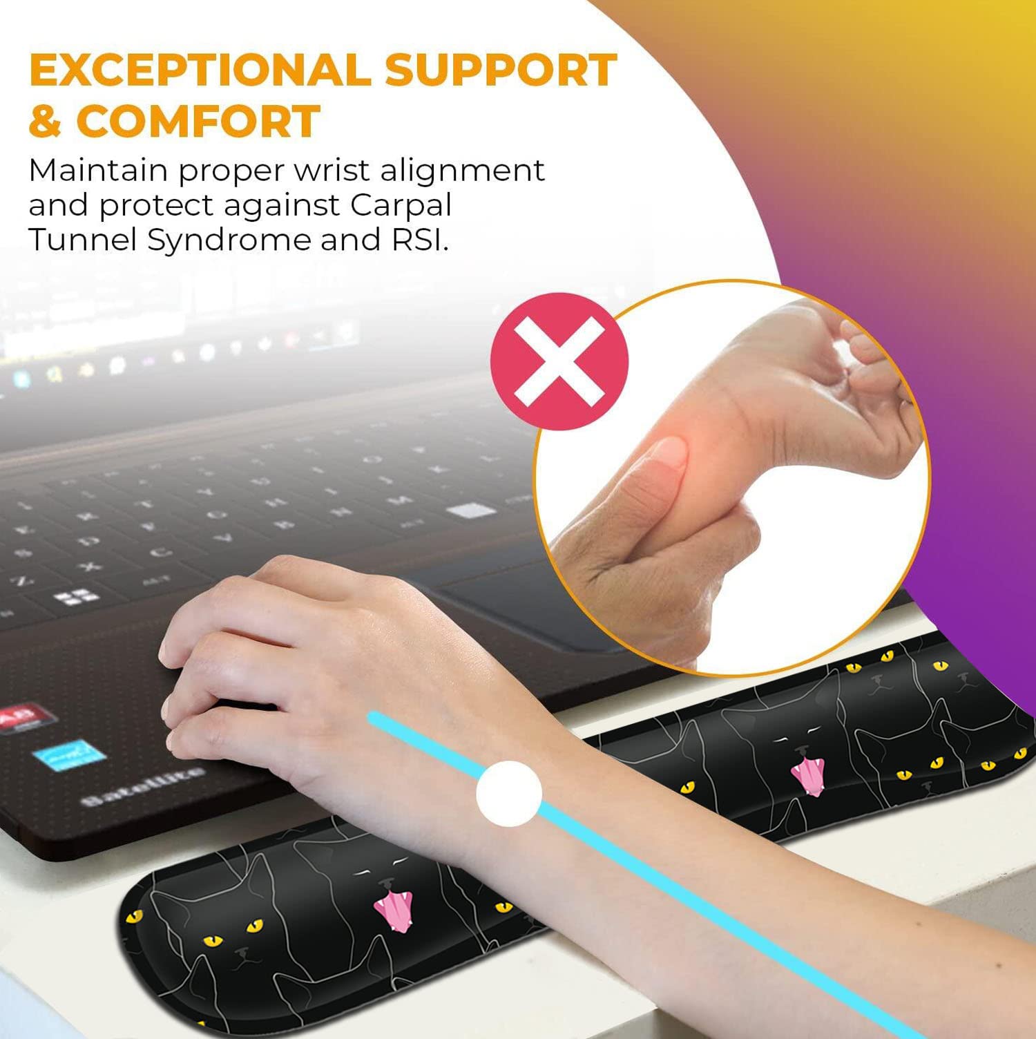 Ergonomic Black Mouse Pad with Wrist Support & Keyboard Rest - Gel Cushion for Computer, Laptop, Home Office & Gaming - Cute Cat Pattern Wireless Desk Pad to Relieve Wrist Fatigue | Perfect for Long Work Hours, Gaming Sessions & Typing Comfort