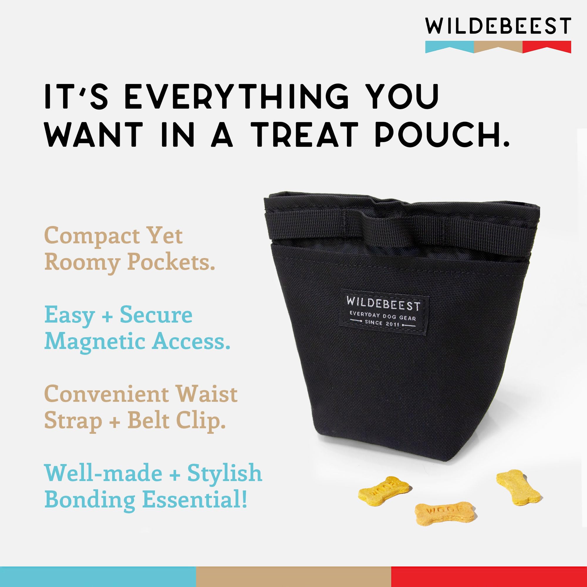 Wildebeest Dog Treat Pouch - Durable Dog Training & Travel Bag with Magnetic Closure - 2 Water-Resistant Compartments - Detachable Waist Strap & Belt Clip - Perfect for Outdoor Adventures, Walks & Pet Training