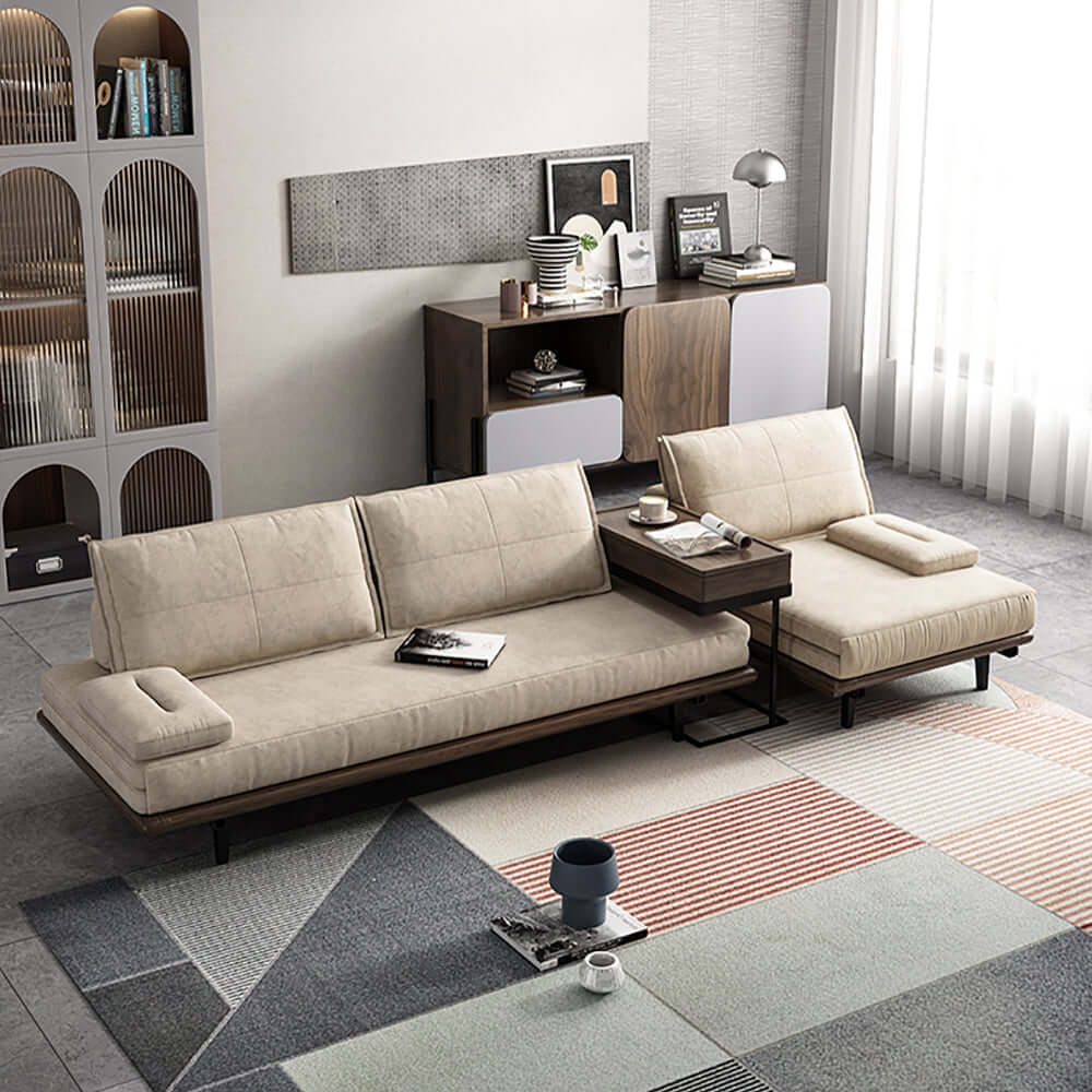 MidCentury Modern Pull Out Sofa Bed - Convertible Sleeper Sofa with Khaki Wood Frame in Cotton & Linen Fabric | Perfect for Small Spaces, Guest Rooms & Apartments