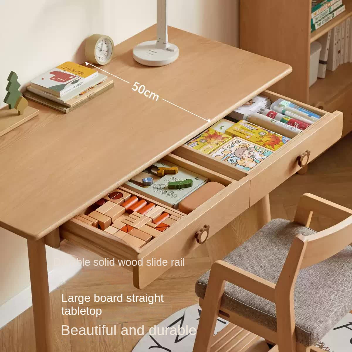 Solid Wood Kids Study Desk - Beech & Oak Wooden Children's Writing Table for Homework & Drawing | Perfect for Bedroom, Homeschool & Classroom Use