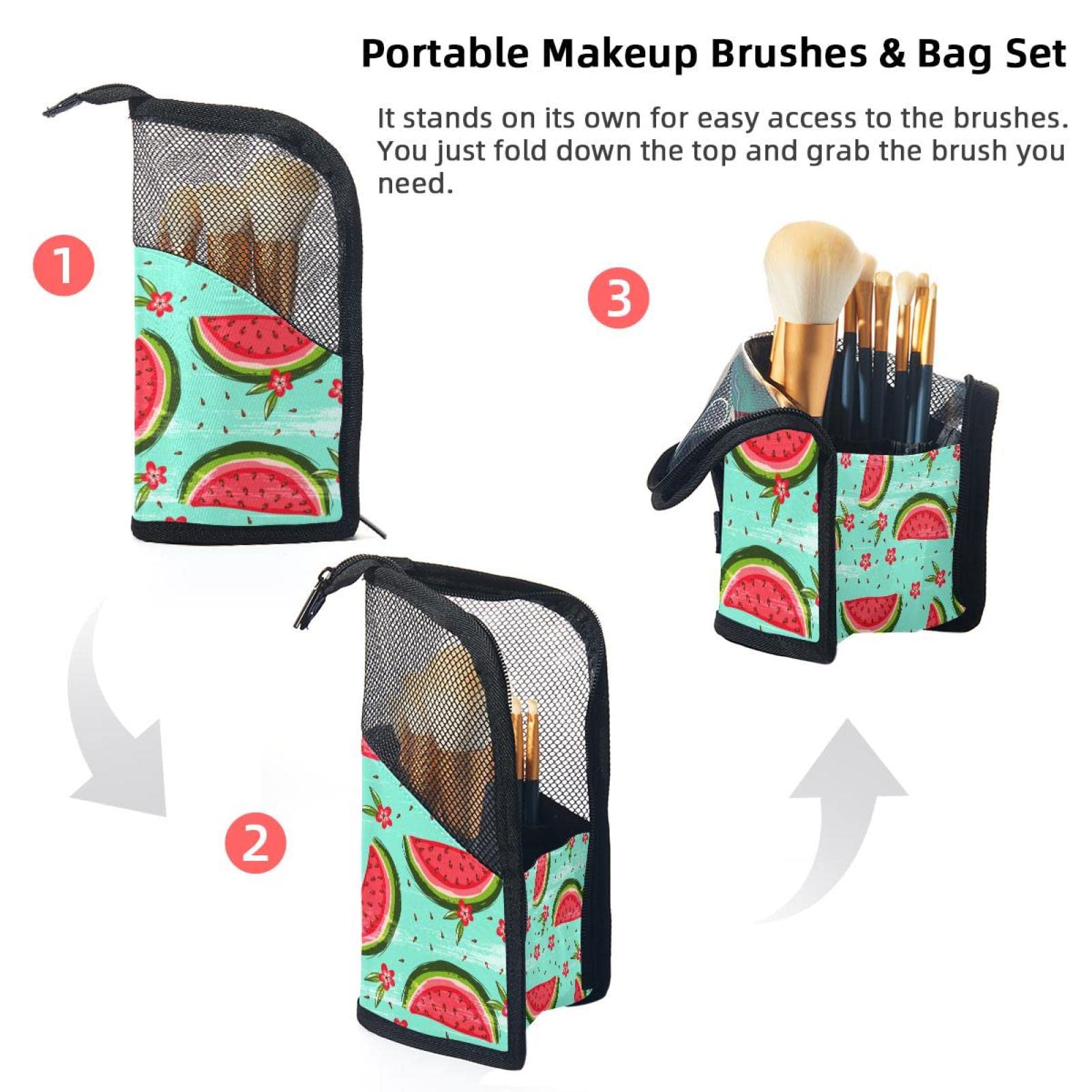 12-Piece Makeup Brush Organizer Bag with Daisy Watermelon Green Design - Portable Cosmetic Brush Holder Case for Travel & Home Storage