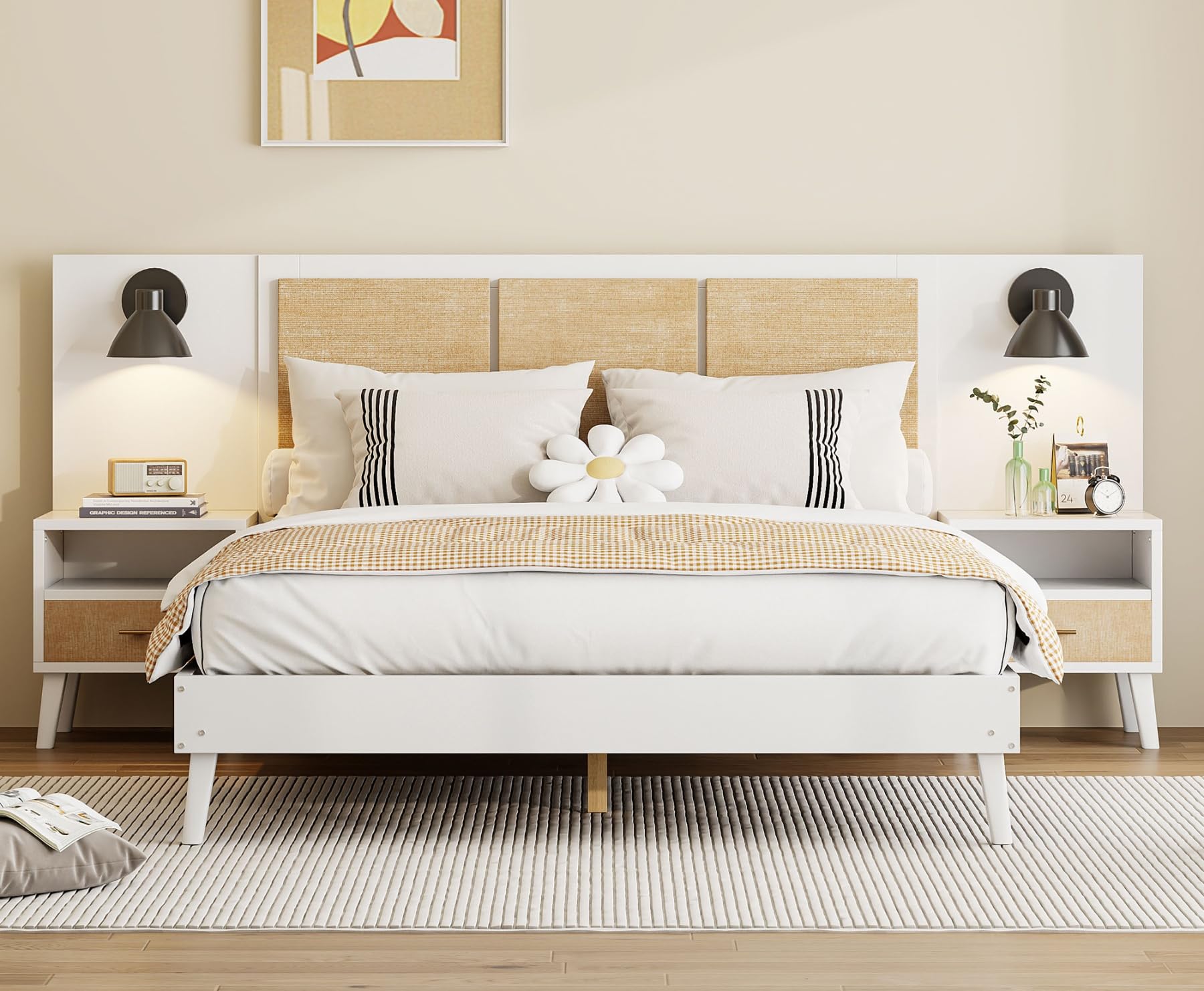 Merax Queen Size Bed Frame with 2 Nightstands & Headboard - Solid Wood & Rattan Platform Bed with Storage Drawers, No Box Spring Needed (White) - Perfect for Modern Bedroom, Guest Room or Small Space