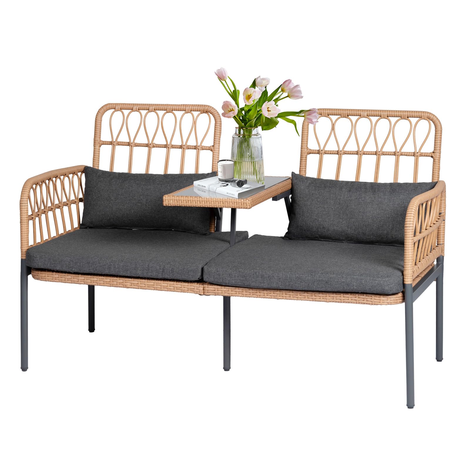 Outdoor Loveseat 2-Piece Patio Furniture Set - Wicker Porch Conversation Set with Cushions, Lumbar Pillows & Built-in Table | Perfect for Backyard, Garden, Deck or Poolside Relaxation
