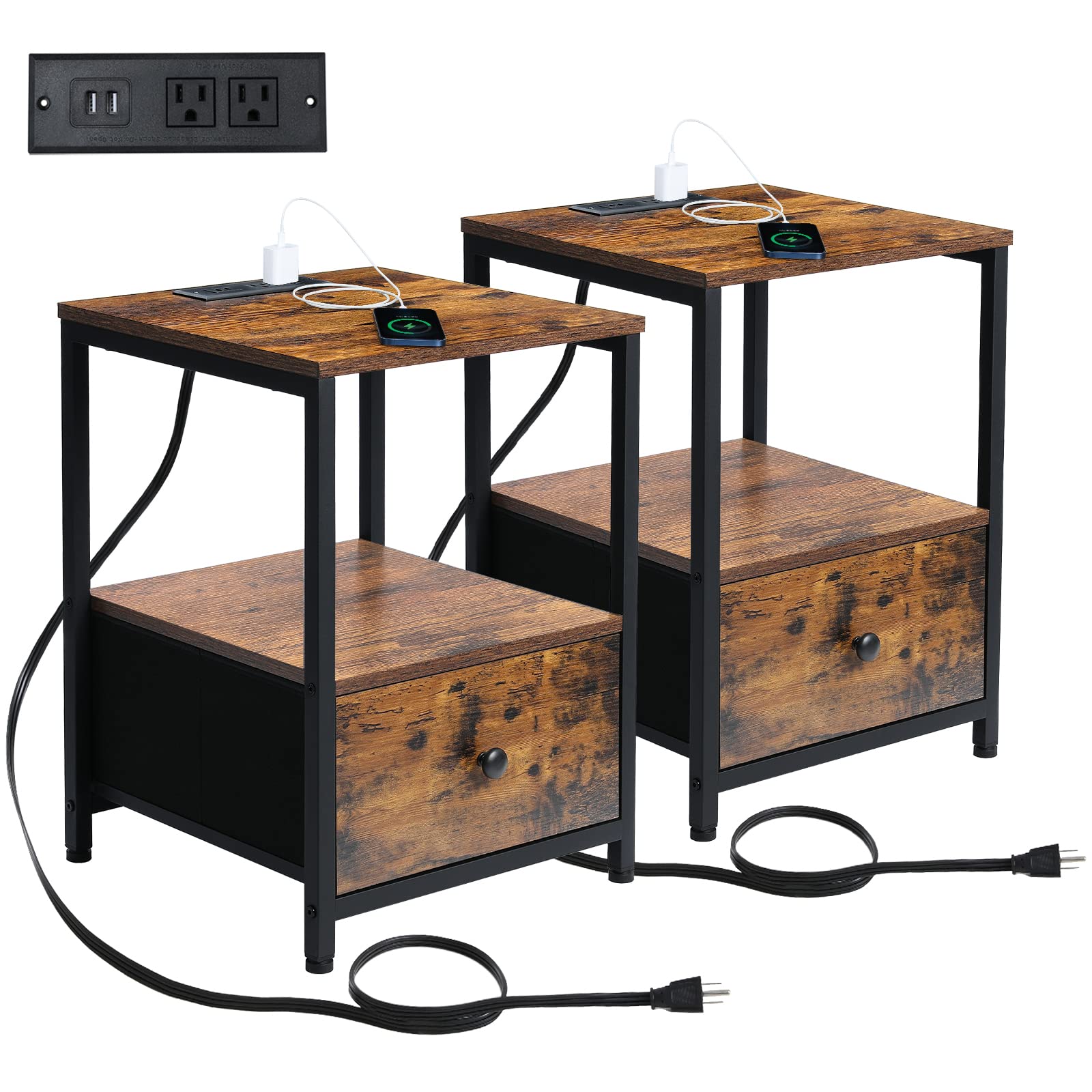 AMHANCIBLE Nightstand Set of 2 - Modern End Tables with Charging Station, USB Ports & Power Outlets, Fabric Drawer - Perfect for Living Room, Bedroom & Small Spaces (HET04SDBR)