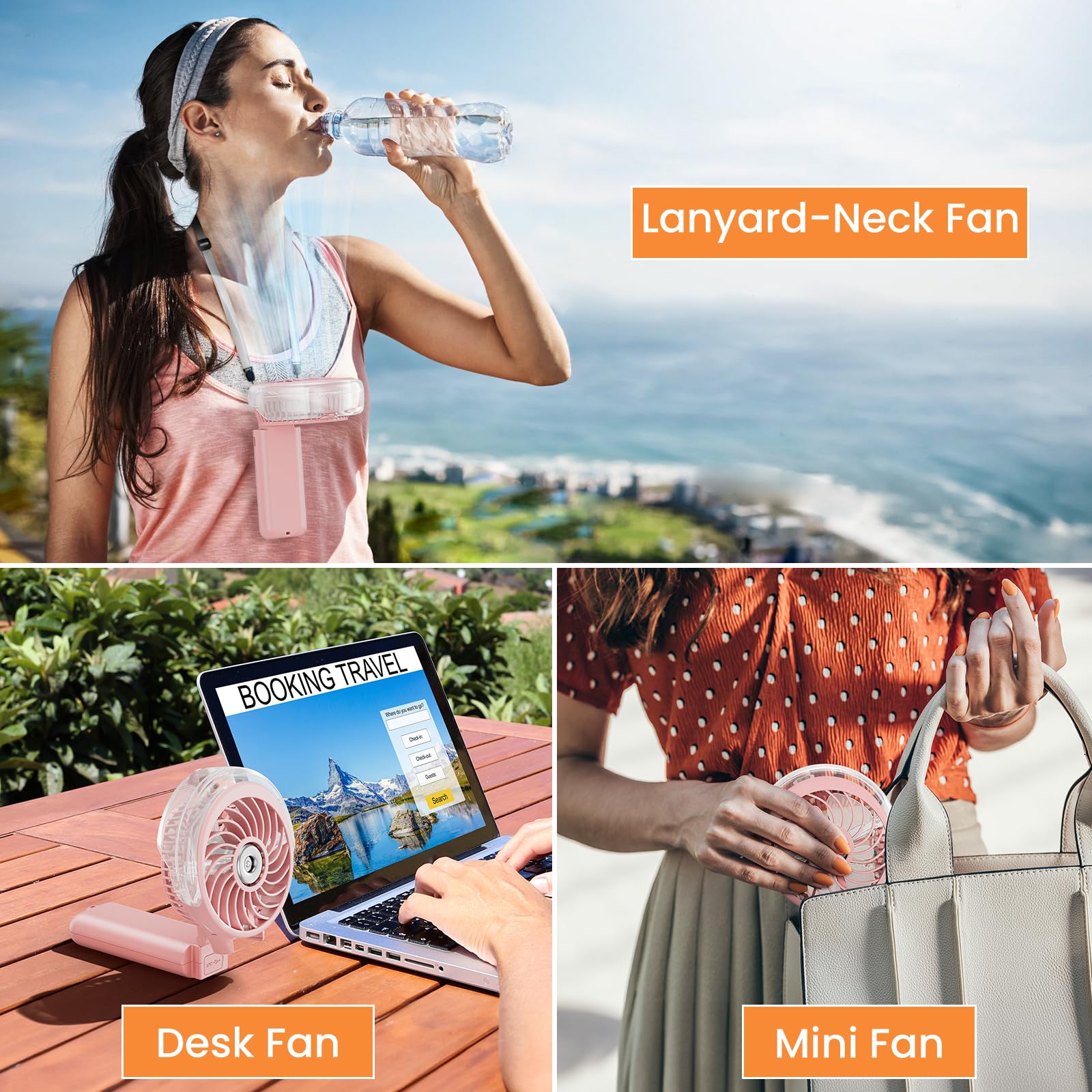 5200mAh Rechargeable Handheld Misting Fan with Portable Charger - 34ml Water Tank, USB Personal Cooling Fan - Compact Spray Mist Fan for Beach, Travel, Camping, Outdoor Sports & Summer Activities (Pink)