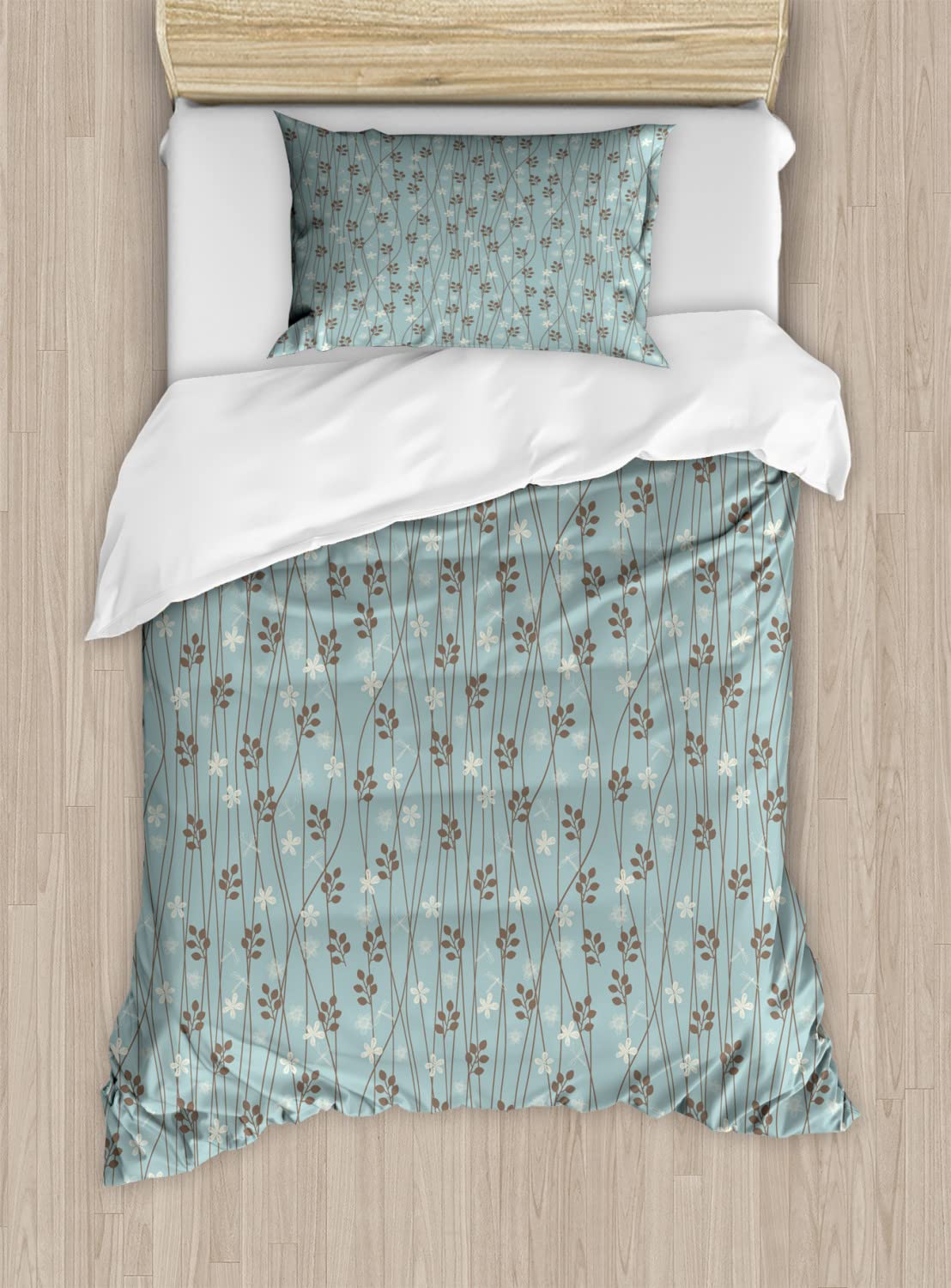 Ambesonne Vintage Floral Duvet Cover Set - Rustic Blossoming Branches Wildflowers Garden Bedding, 2 Twin Size Duvet Covers & 2 Pillowcases (Pale Blue Cream Umber) - Perfect for Farmhouse, Cottage & Boho Bedroom Decor