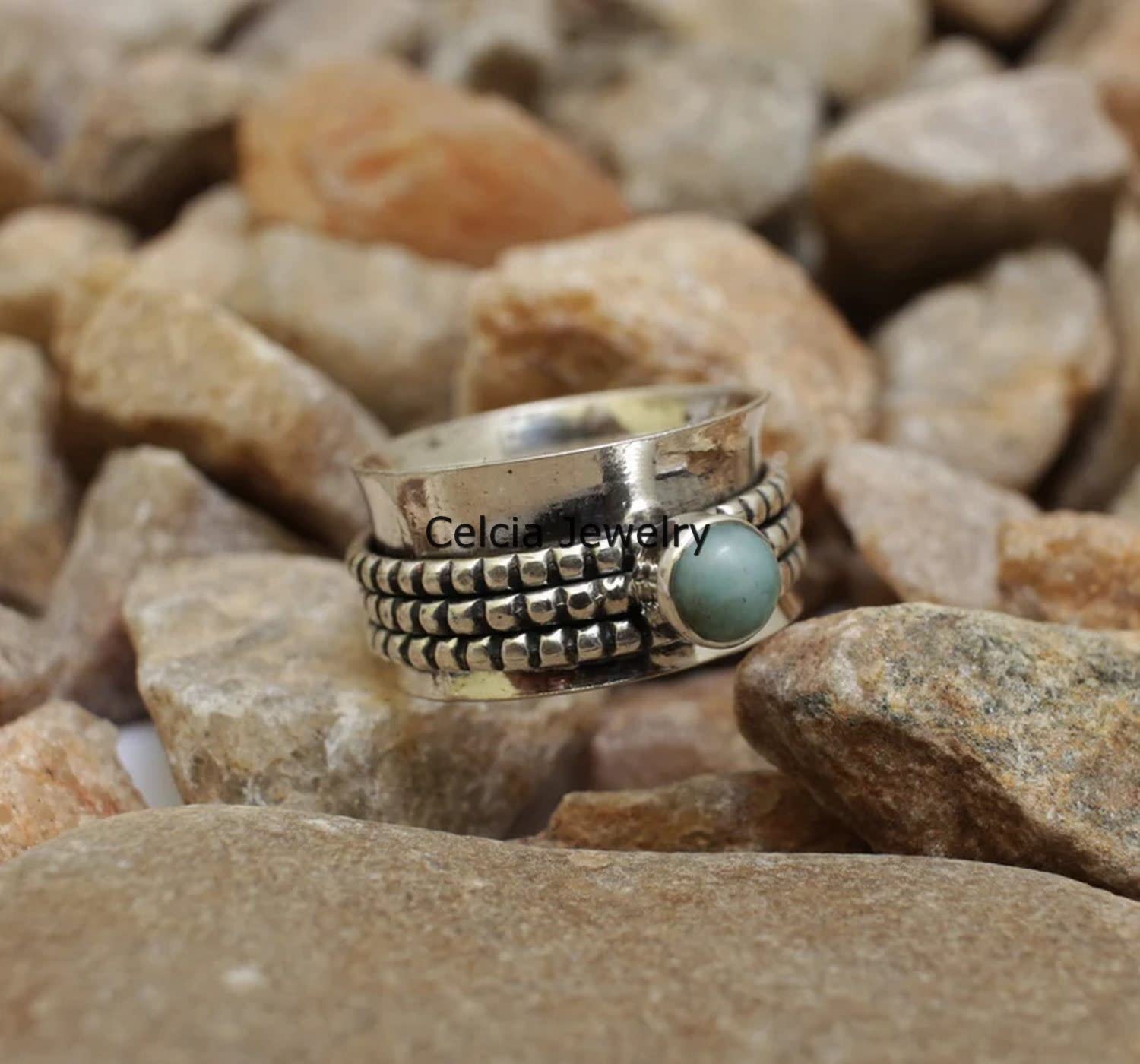 Larimar Gemstone Silver Spinner Ring - Handmade Fidget Anxiety Relief Ring for Stress & Meditation - Unique Spinning Jewelry Gift for Women & Men (Size 7) - Perfect for Office, Travel & Mindfulness Practice