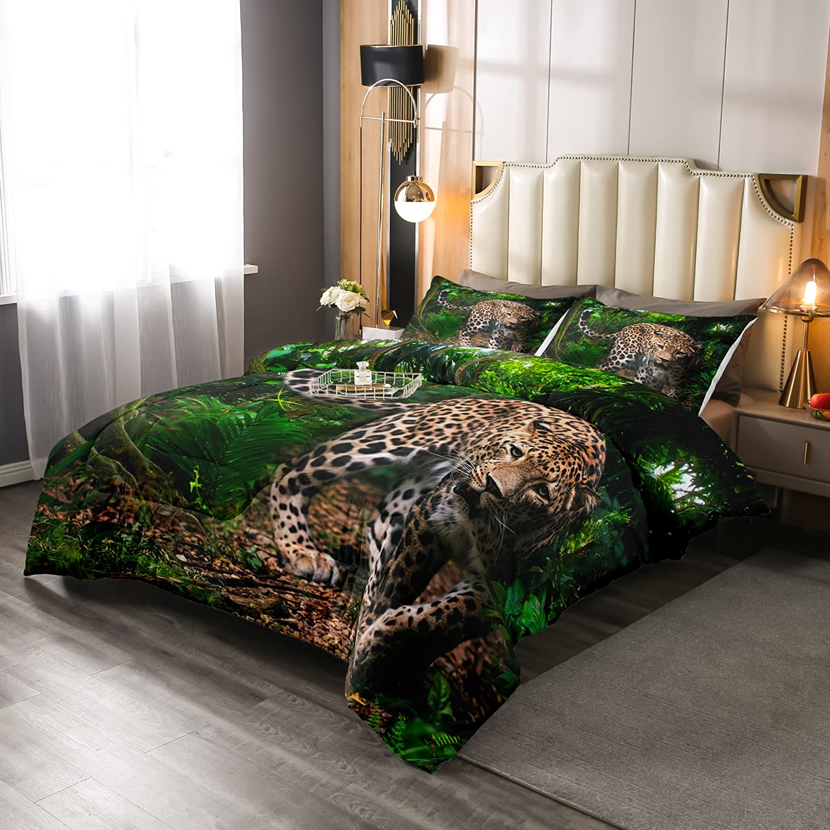Floral Leopard Print Down Comforter Set - African Safari Animal Bedding with Cheetah Design for Kids, Boys & Adults - Full Size Jungle Wildlife Quilt Includes 1 Comforter & 2 Pillowcases - Perfect for Bedroom Decor, Guest Rooms & Wildlife Theme Nurseries