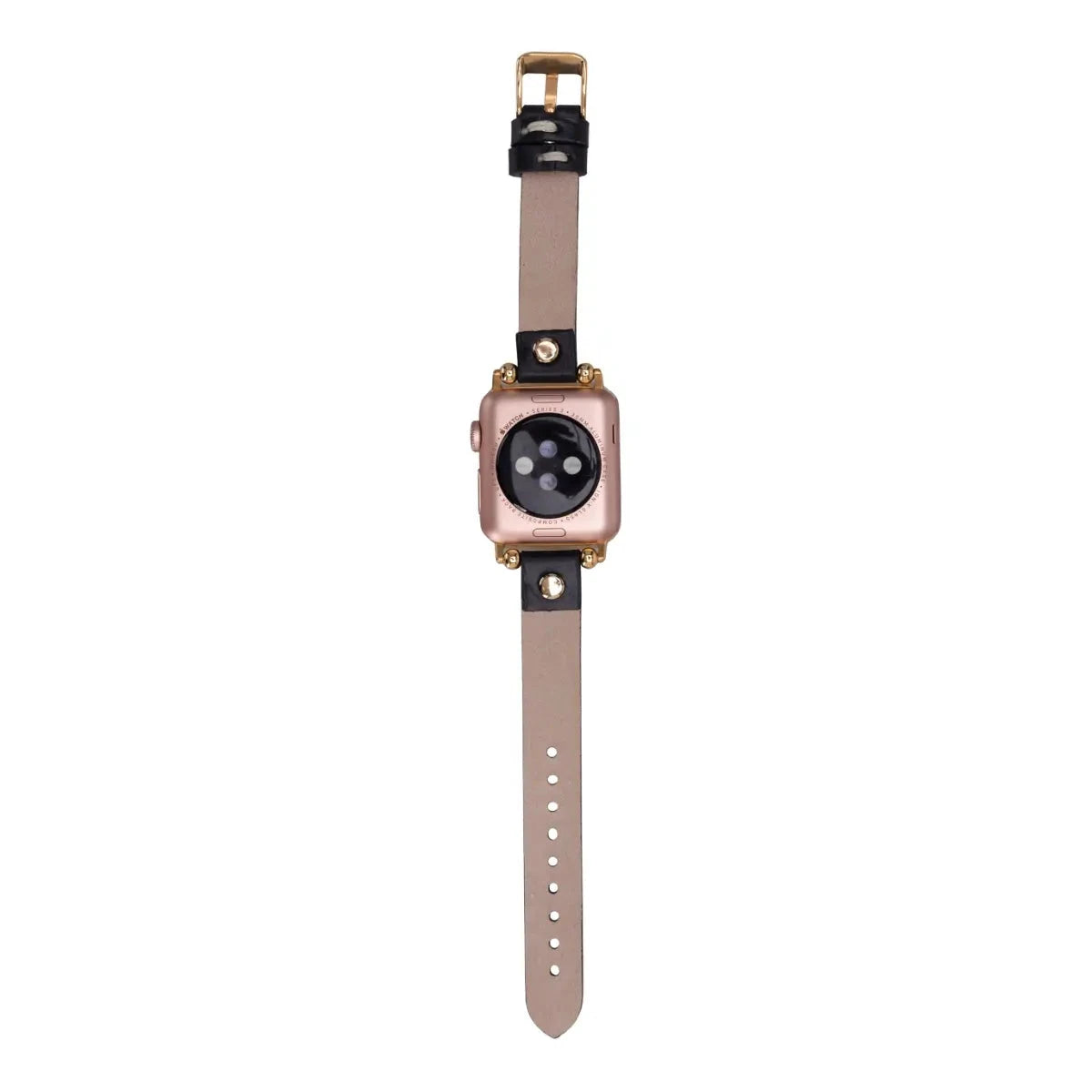 Premium Black Leather Ultra Slim Apple Watch Band with Gold Rivets - Stylish & Lightweight for Everyday Wear, Workouts & Formal Occasions