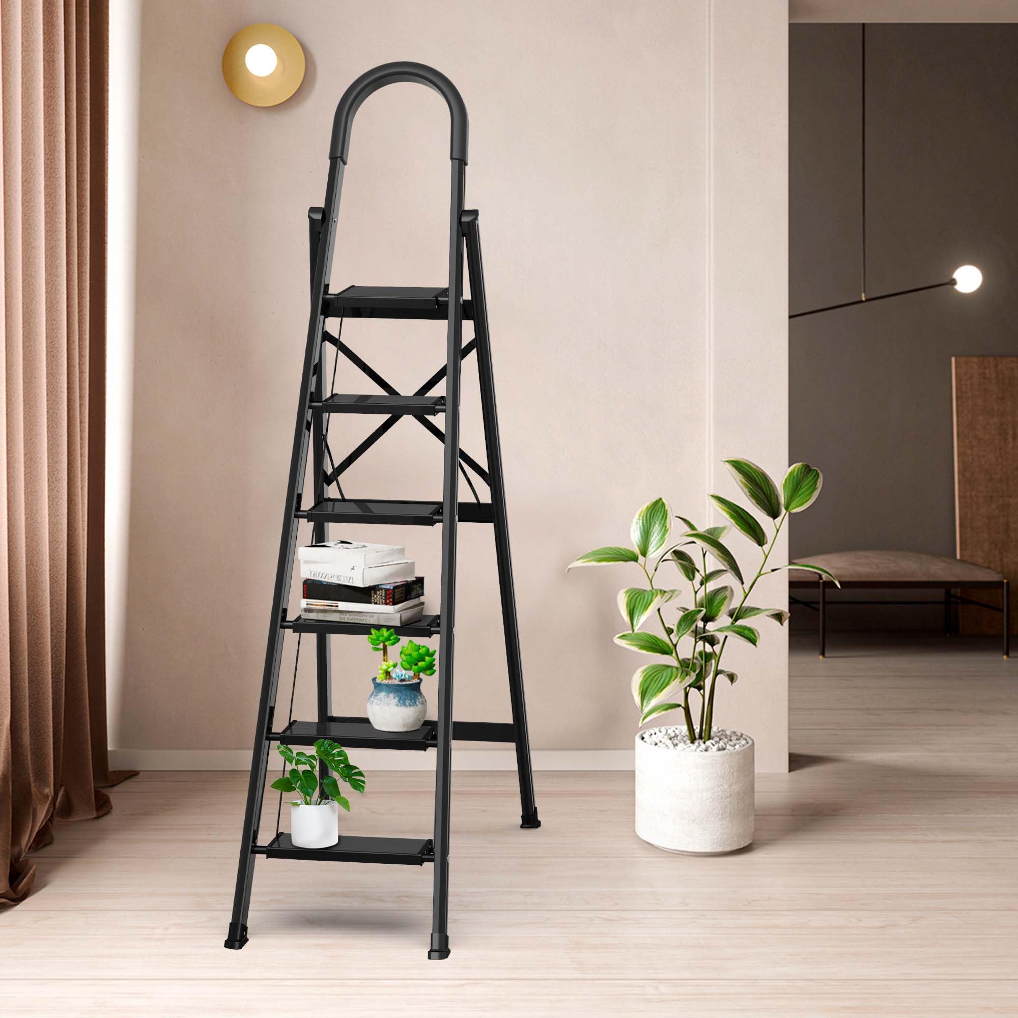Lightweight Aluminum 6 Step Folding Ladder with Anti-Slip Wide Pedal - Space Saving Step Stool for Home, Kitchen, Garage & Office Use (Black)