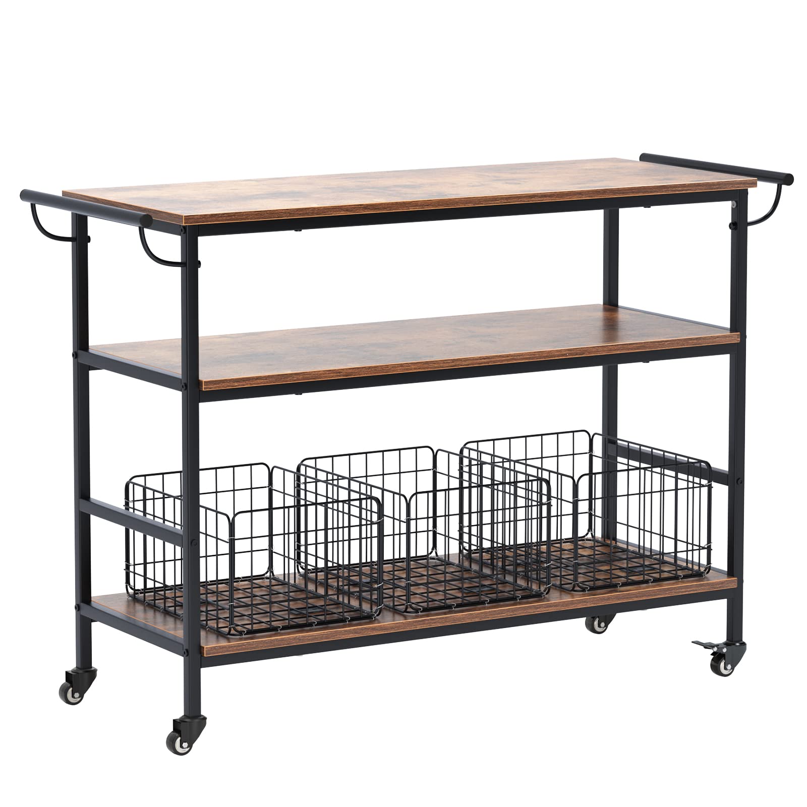 Soges 3-Tier Rolling Kitchen Island Cart with Wheels - 45.3 Inch Mobile Bar Cart with 3 Removable Baskets, Brake Casters & Towel Rack - Perfect for Kitchen Storage, Serving, and Entertaining