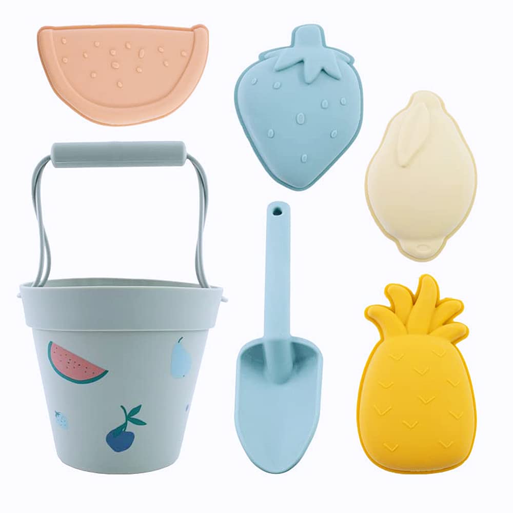 Premium 6-Piece Silicone Beach Sand Toys Set for Kids - Bucket, Shovel, Watering Can & Animal Molds | Durable Outdoor Play Accessories for Toddlers | Fun Beach & Backyard Sandbox Activities (Fruit Theme, Multicolor)