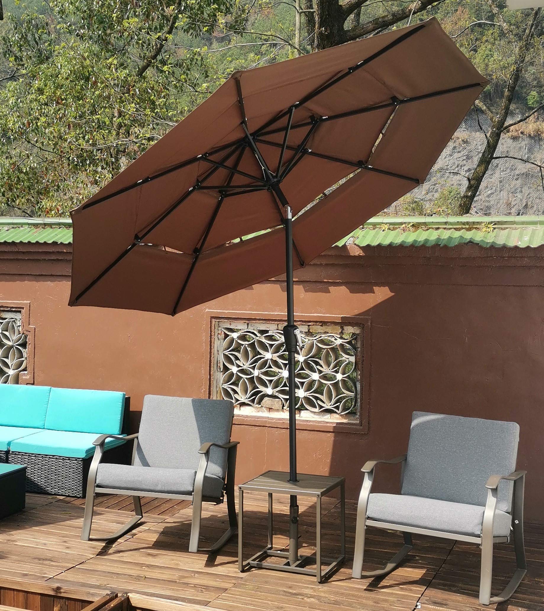 Harper & Bright Designs 9Ft 3-Tier Outdoor Patio Umbrella with Crank & Tilt - Windproof Market Umbrella for Garden, Lawn, Deck, Backyard & Pool - Perfect for Outdoor Dining, Coffee Shops & Beach Relaxation