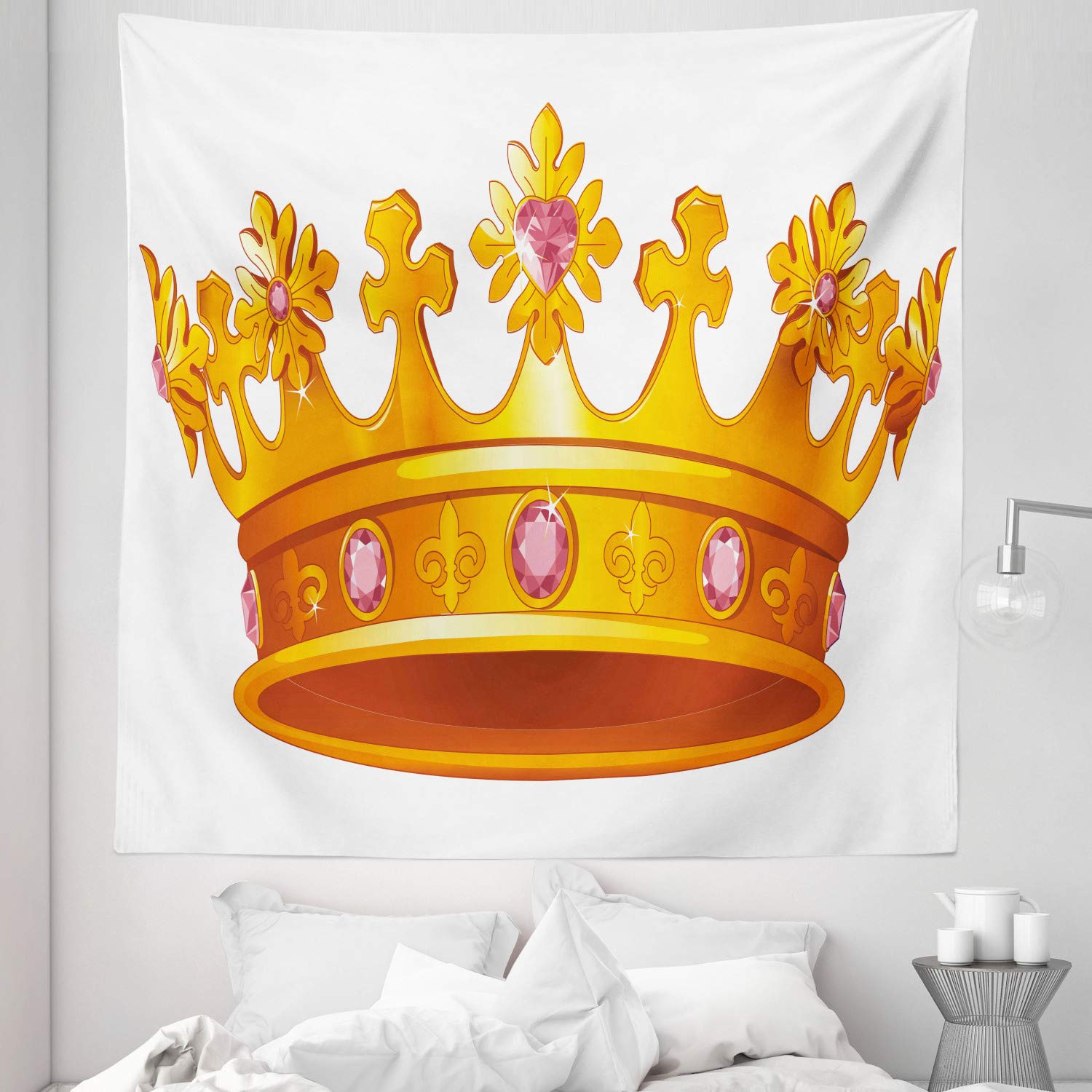 Ambesonne Queen Size Tapestry - Antique Tiara Crown with Pale Pink Gemstone Nobility Cartoon Design, 88