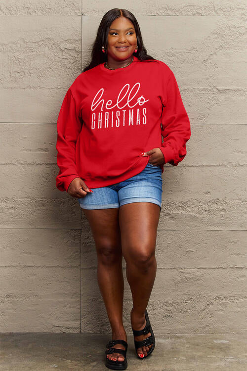 Simply Love Full Size HELLO CHRISTMAS Long Sleeve Sweatshirt - Cozy Holiday Pullover for Women, Festive Winter Outfit, Perfect for Christmas Parties & Family Gatherings