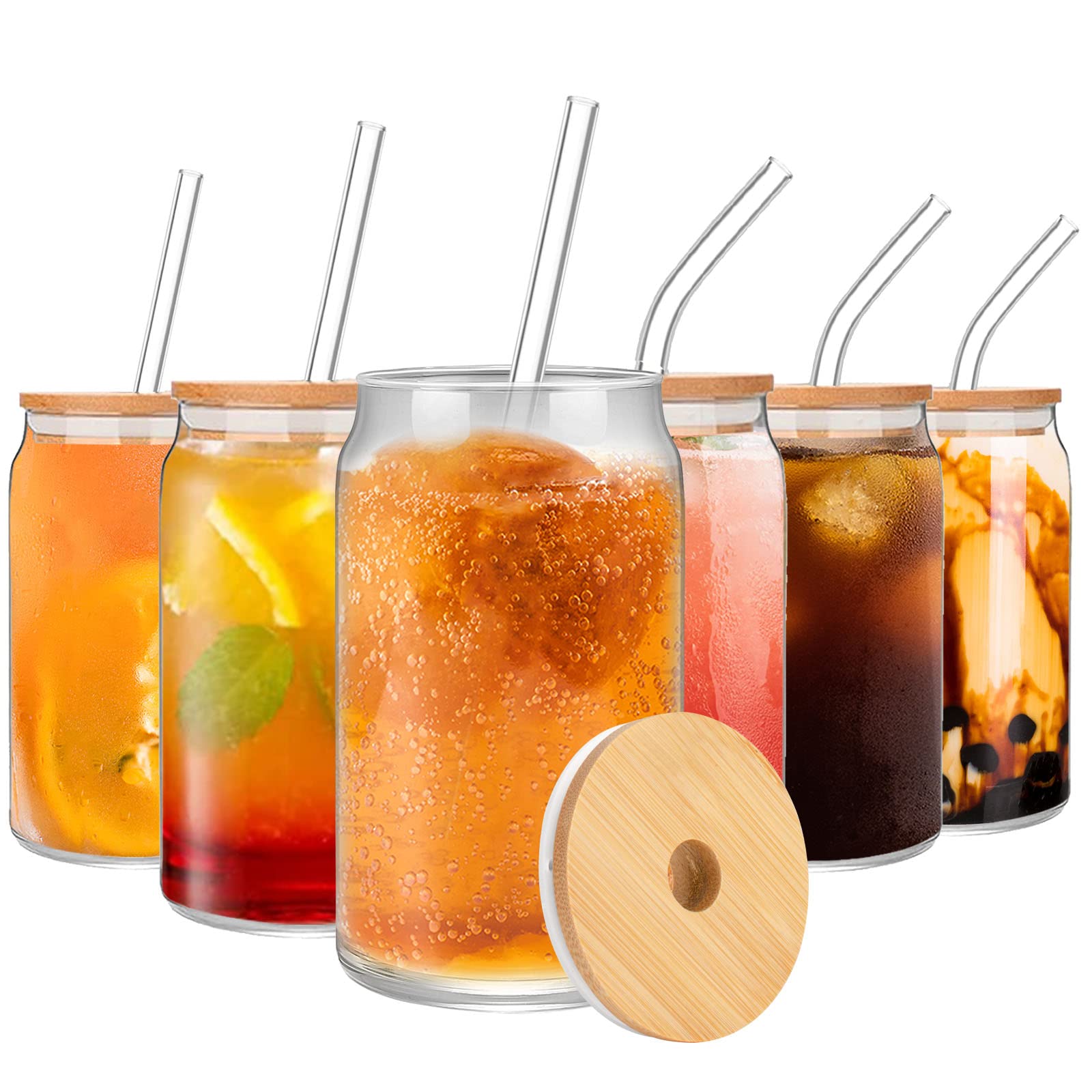 Zenbo 6-Piece Set Beer Can Shaped Glass Cups with Bamboo Lids & Glass Straws - 16oz Iced Coffee Tumblers for Whiskey, Soda, Tea, Water - Perfect for Home Bars, Parties, Gifts & Everyday Use