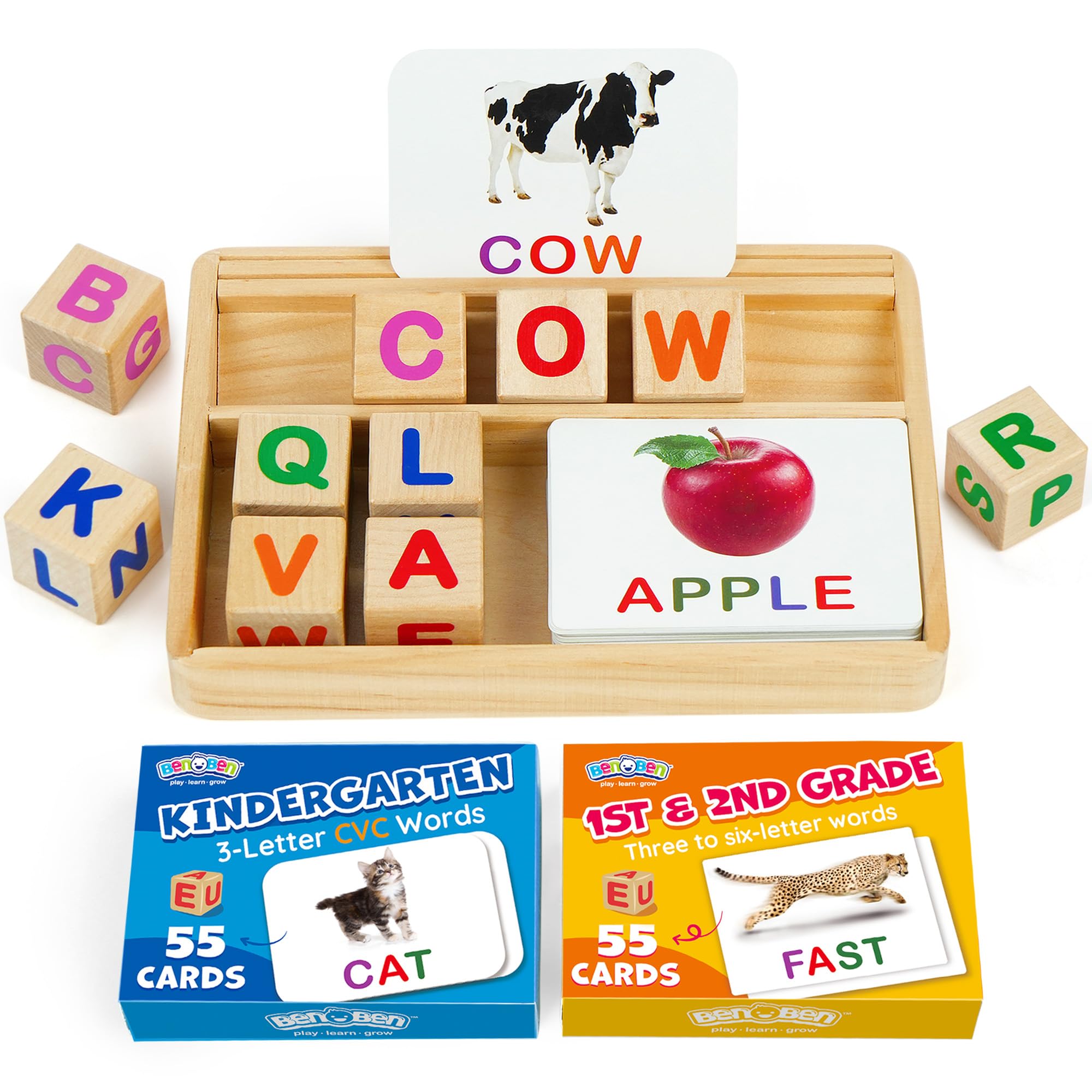 BenBen Wooden Spelling Games with Flash Cards - Montessori Learning Toys for Kids Ages 3-6 | CVC Word Matching Letter Games | Educational Gift for Preschool & Kindergarten | Perfect for Homeschooling & Classroom Activities