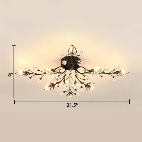 Black Contemporary Leaf Semi Flush Mount Ceiling Light with Clear Crystal Accents - 8-Light Modern Metal Fixture for Dining Room, Bedroom or Living Room Lighting