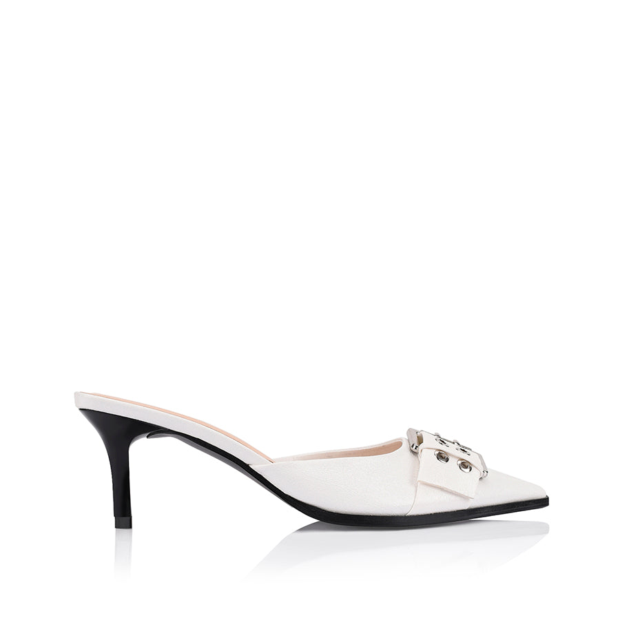 Sez Buckle Stiletto Mules - Women's Chunky Heel Slide Sandals in Chalk White Crinkle Leather | Comfortable & Stylish for Office, Party & Summer Outfits
