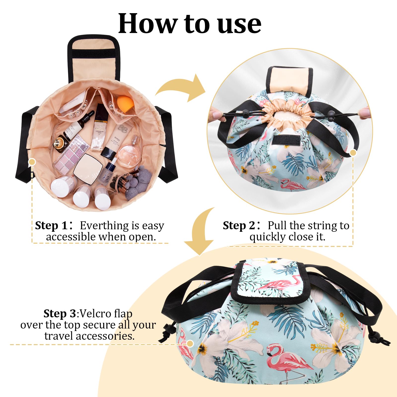 Large Barrel Drawstring Makeup Bag | Travel Cosmetic Organizer | Portable Flamingo Makeup Pouch for Women | Waterproof Toiletry Bag | Perfect for Travel, Gym & Daily Essentials (Flamingo Blue)