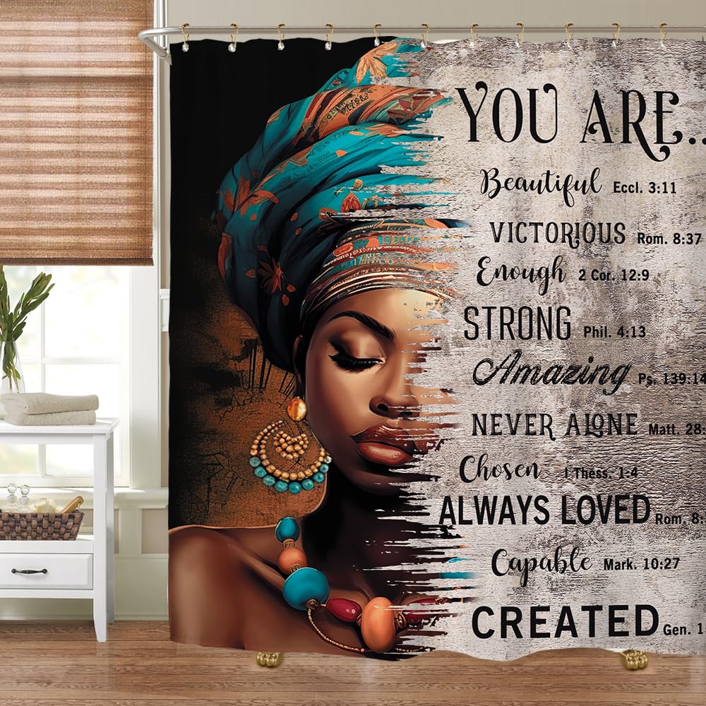 African American Inspirational Shower Curtain Set - 60x71 Inch Black Girl Bible Quotes, Waterproof Polyester Bathroom Decor with 12 Hooks - Perfect for Women's Home, Apartment & Dorm Room Decor