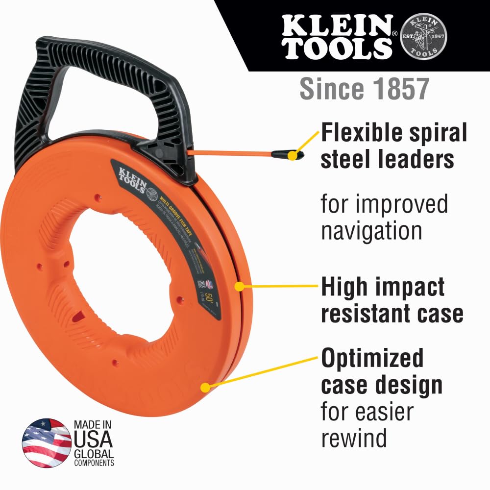 Klein Tools 56382 Non-Conductive 50-Foot Electrical Fish Tape - 3/16-Inch Multi-Groove Fiberglass Wire Puller with Optimized Housing & Handle for Electricians, DIY Home Wiring & Cable Installation