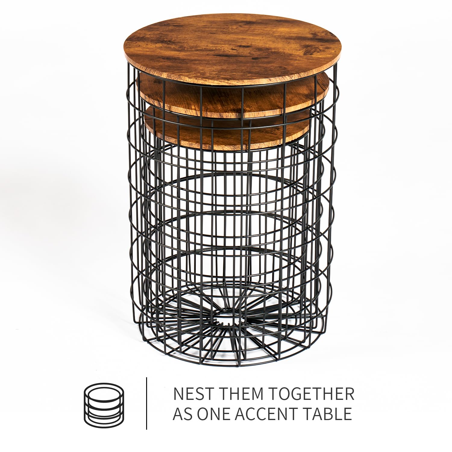 Oneinmil 3-Piece Nesting End Table Set with Storage - Round Side Tables with Removable Lids, Wire Basket Design & Steel Frame - Perfect for Living Room, Bedroom, Office - Rustic Home Decor for Small Spaces & Apartment Living
