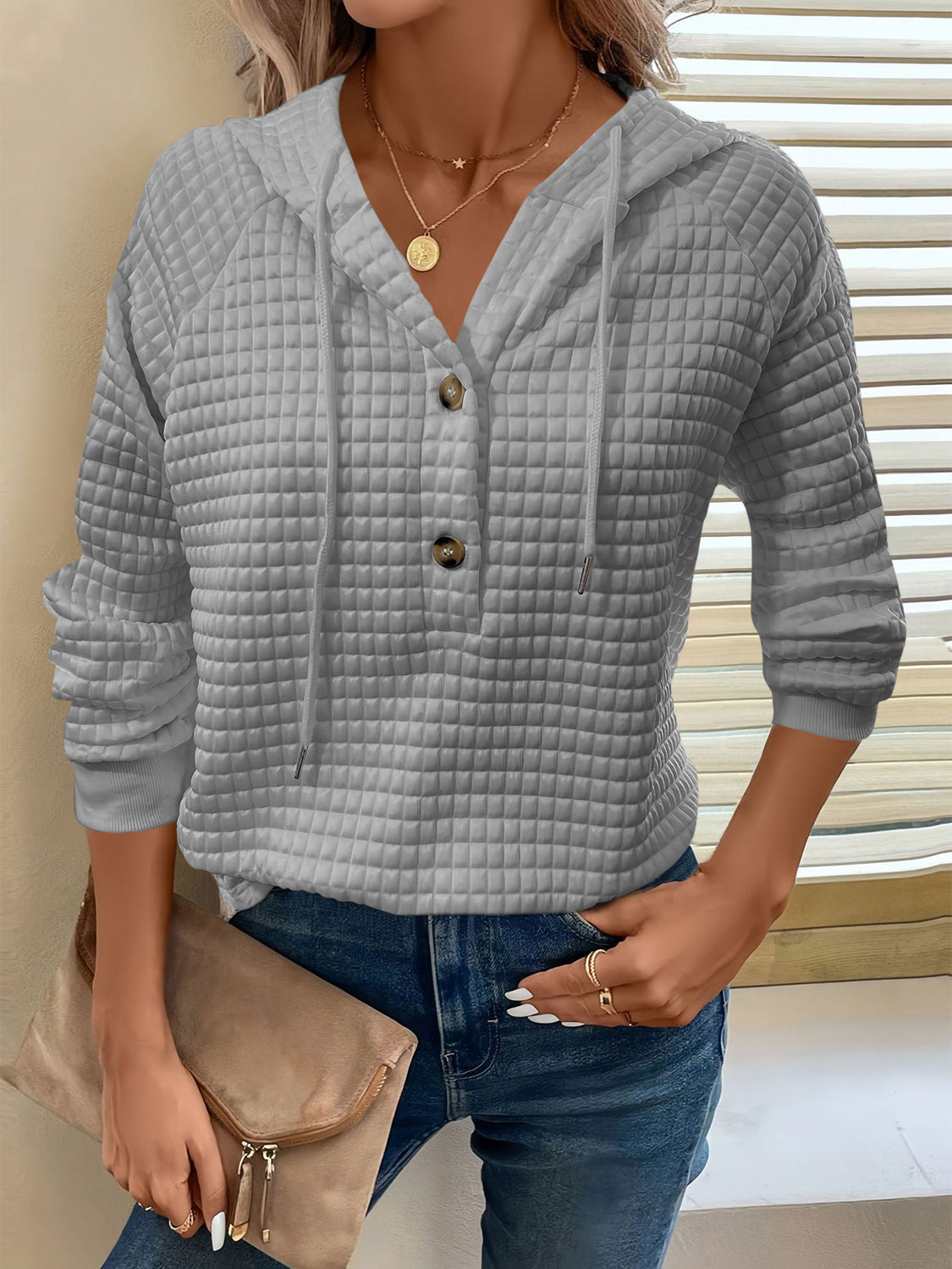 Full Size Textured Button Detail Drawstring Long Sleeve Hoodie for Men & Women - Cozy Casual Wear for Fall Winter Outdoor Activities
